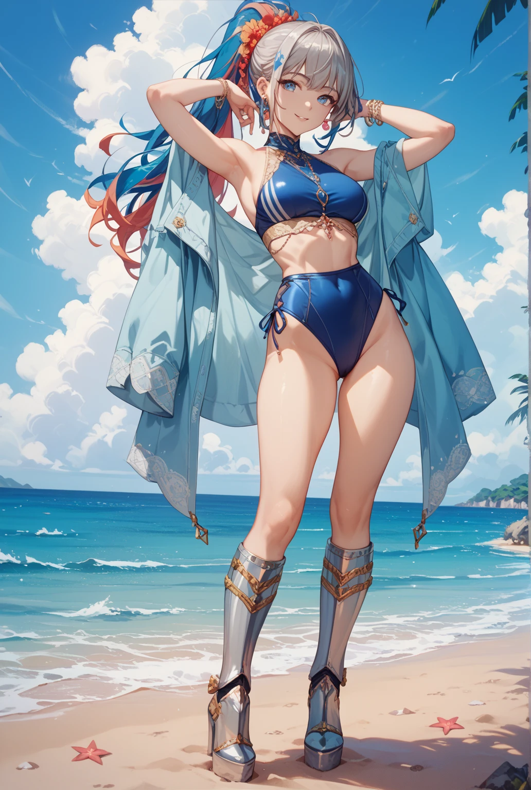 (Extremely detailed CG unified 8k wallpaper),(masterpiece), (Best quality), (Ultra Detailed), (Best Illustration),(The best shadow),Standing by the sea,Taking off swimming trunks,Smile at me