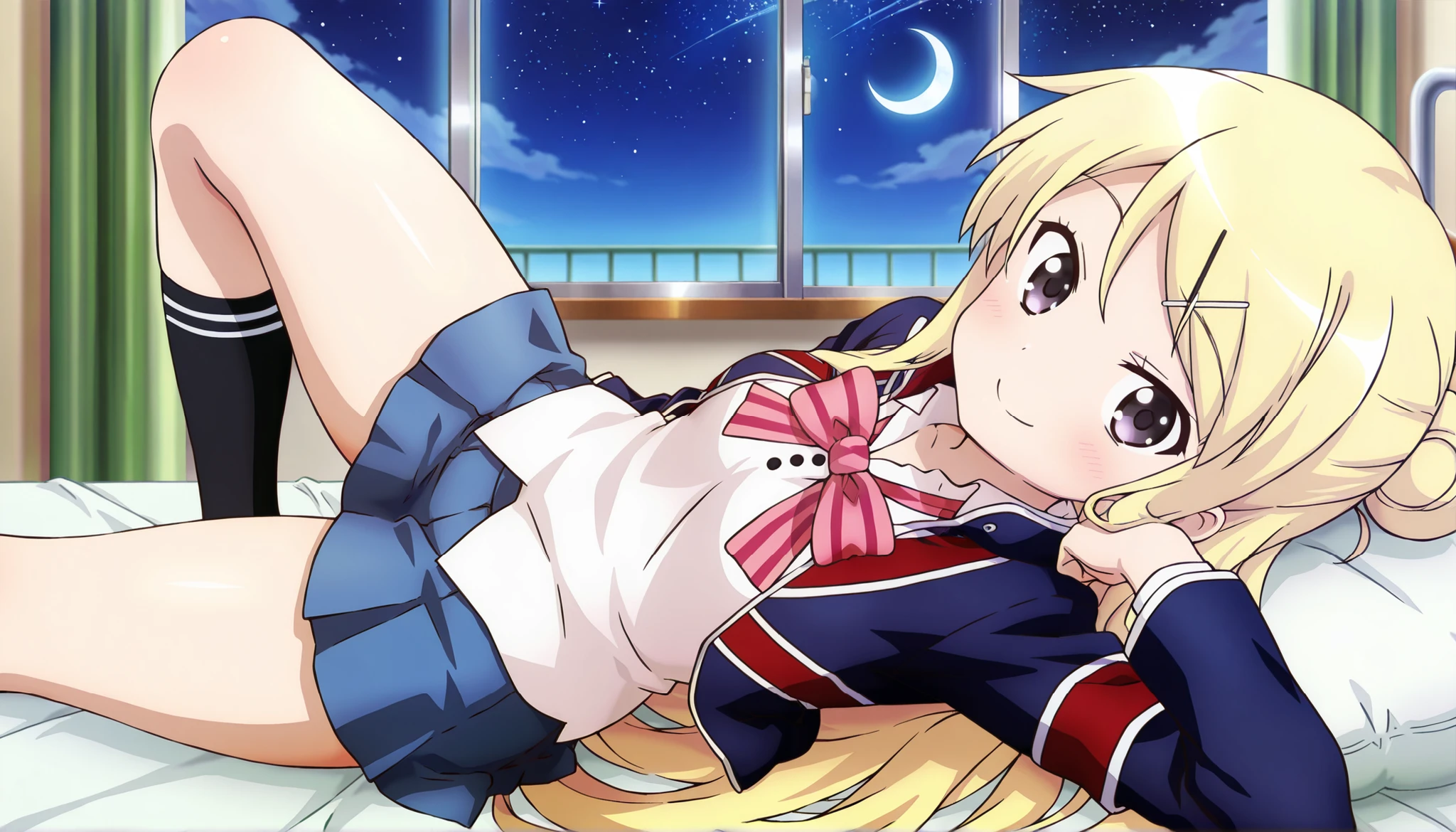 dropout of high school and depression bedridden 1girl , smile thick thighs Kujou Karen very long hair , blonde hair , single hair bun , hairclip , x hair ornament , sidelocks , side swept bangs , black eyes , white shirt , collared shirt , union jacket , pink bowtie , neck ribbon , pink ribbon , long sleeves , small breasts , miniskirt , blue skirt , black socks ,thick thighs, smile,crescent moon, stars (sky),looking at viewer,Infirmary,bed,knee up,lying on a futon