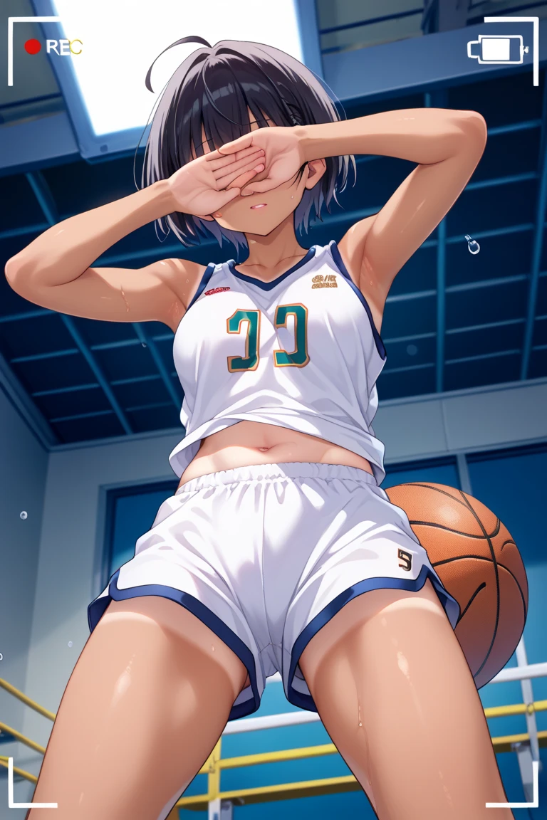 woman,25 years old,brown hair,White and blue silk basketball uniform,short hair,blue eyes,Mansuji, laughter,,I can see my underwear,Full body Esbian, (close shot, highest quality, High resolution, 4k, detailed lighting, shader, NSFW), smile, ( blush:1.2),spread your legs wide,(((spats)))(wet with water)