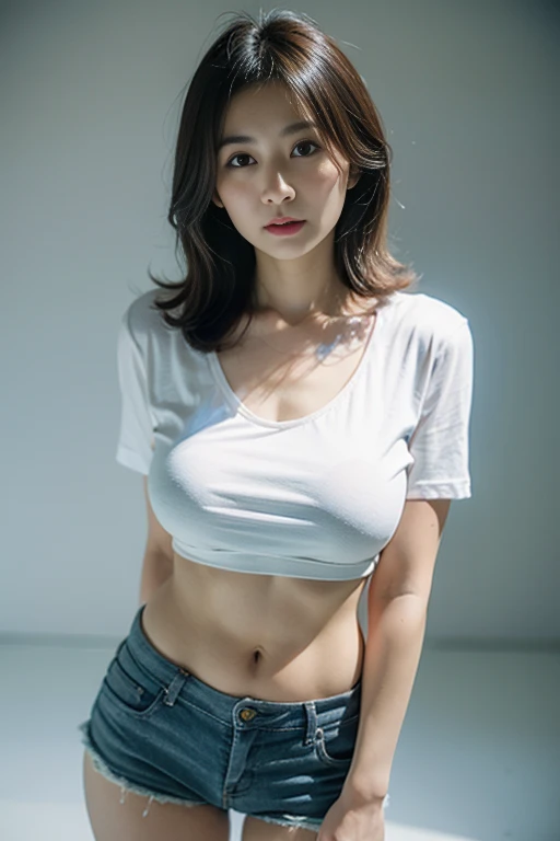 the most beautiful face of a 30 year old actress, perfect proportions of female body, plain t-shirt is worn, female breasts, panties are seeable thanks to low rise denim shorts are too short, crotch between legs of a female, at street, standing, nsfw, best quality, highly detailed, masterpiece, ultra high res, photo realistic, 8k