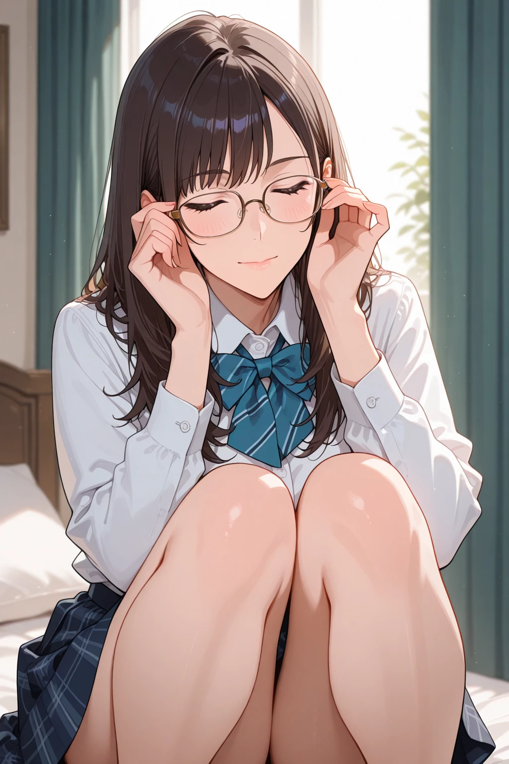Anime girl sitting on the floor with mobile phone in hand, a hyperrealistic schoolgirl, Seductive Anime Girl, Realistic Schoolgirl, a hyperrealistic schoolgirl, the anime girl is crouching, with glasses, Ecchi anime style, Ecchi, Ecchi style, beautiful anime girl squatting, beautiful anime high school girl, Cute anime girl