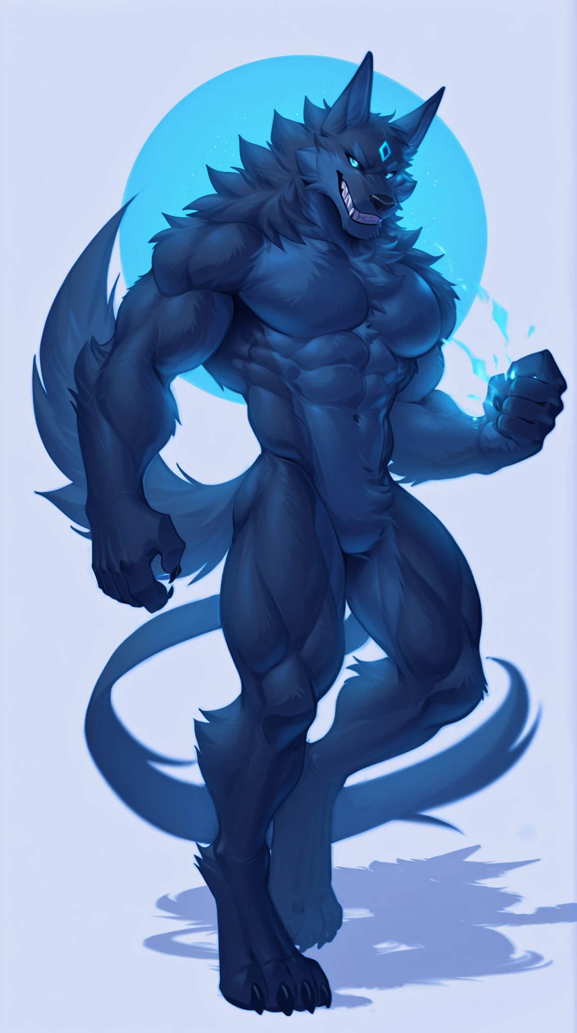 sfw,masterpiece,UHD,solo,anthro,furry,furry male, score_9, score_8_up, score_7_up, rating_safe, source_furry, detailed,best quality,very aesthetic, absurdres, newest, Werewolf, three tails, black fur , eyes bright blue like neon, Chunky body and 3 tails,three tails,6 eyes, detailed eyes, (sharp teeth), (by magangz), Depth Of Field, Film Grain, Drop Shadow, Glowing Light, Simple background,full body ,athletic build,cg,highres,sfw,r4bb1ty,