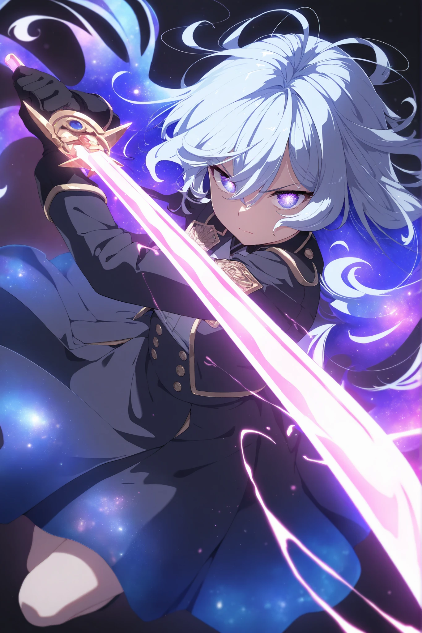 masterpiece, best quality, amazing quality, very aesthetic, high resolution, ultra-detailed, absurdres, newest, very awa, 1girl solo celestial glow, starborn girl, cosmic_hair radiant_skin swirling_constellations, celestial dress, endless void eyes, seen from above from side, perspective foreshortening, dynamic pose, bridal gloves, messy hair, military jacket, long maxi high-waist skirt, holding sword, glowing katana, energy, detailed eyes, serious, dark gray theme and background, depth of field, cinematic,