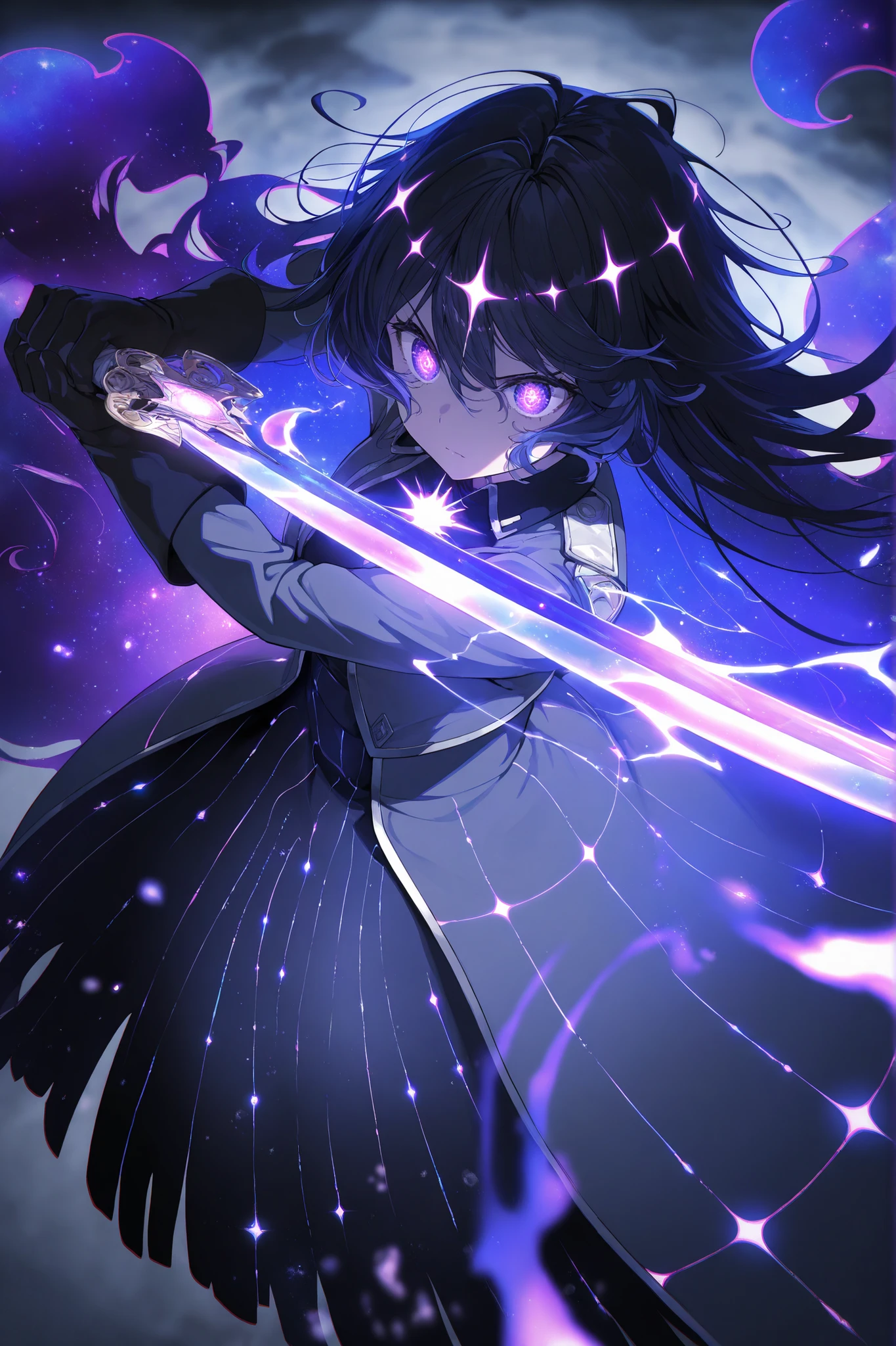 masterpiece, best quality, amazing quality, very aesthetic, high resolution, ultra-detailed, absurdres, newest, very awa, 1girl solo celestial glow, starborn girl, cosmic_hair radiant_skin swirling_constellations, celestial dress, endless void eyes, seen from above from side, perspective foreshortening, dynamic pose, bridal gloves, messy hair, military jacket, long maxi high-waist skirt, holding sword, glowing katana, energy, detailed eyes, serious, dark gray theme and background, depth of field, cinematic,
