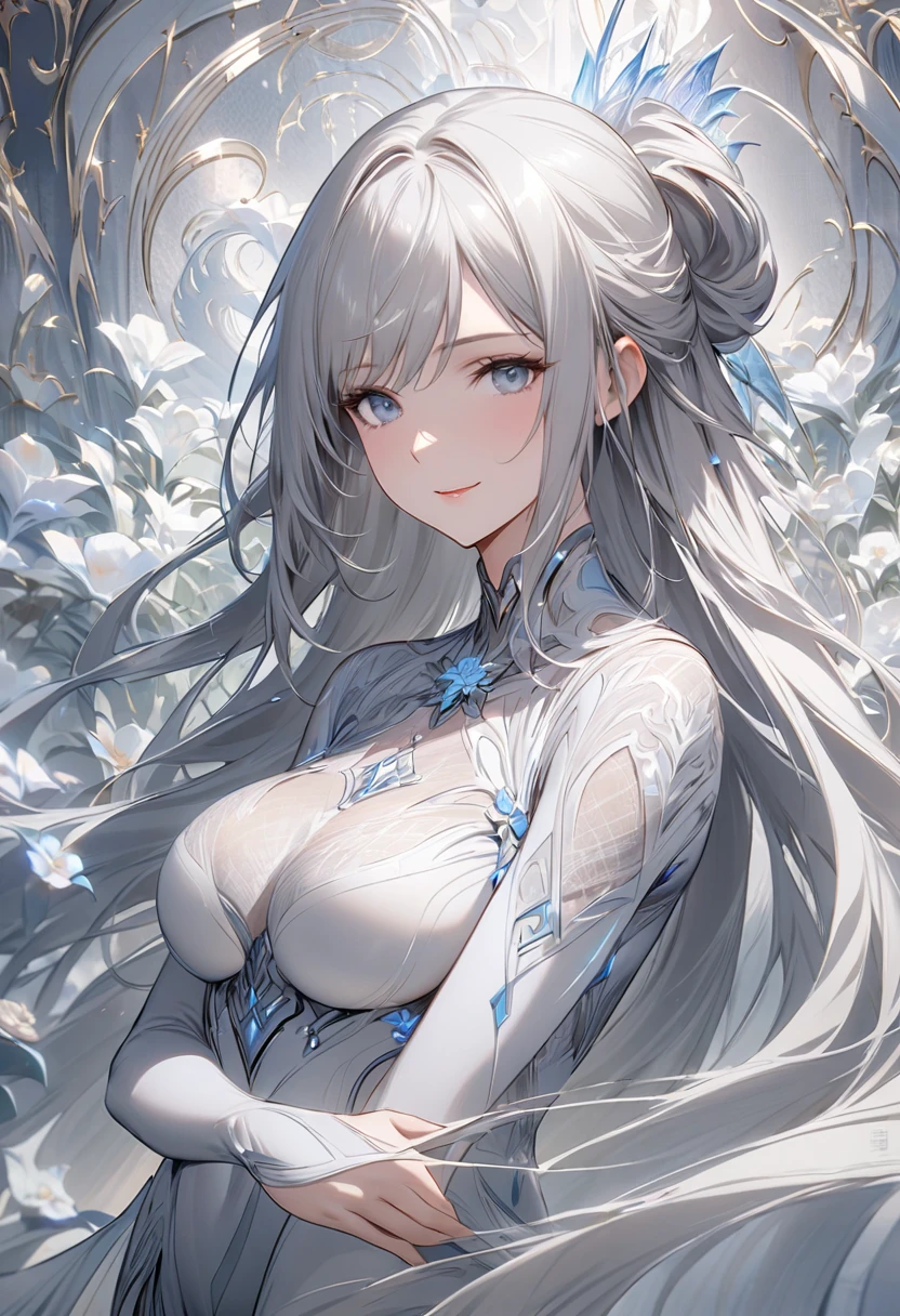 dynamic angle, high contrast, (1girl, solo), leopard ears, (beautiful detailed face, beautiful detailed eyes), large breasts, streaked hair, long hair, noble, frilled dress, jewel, crystal