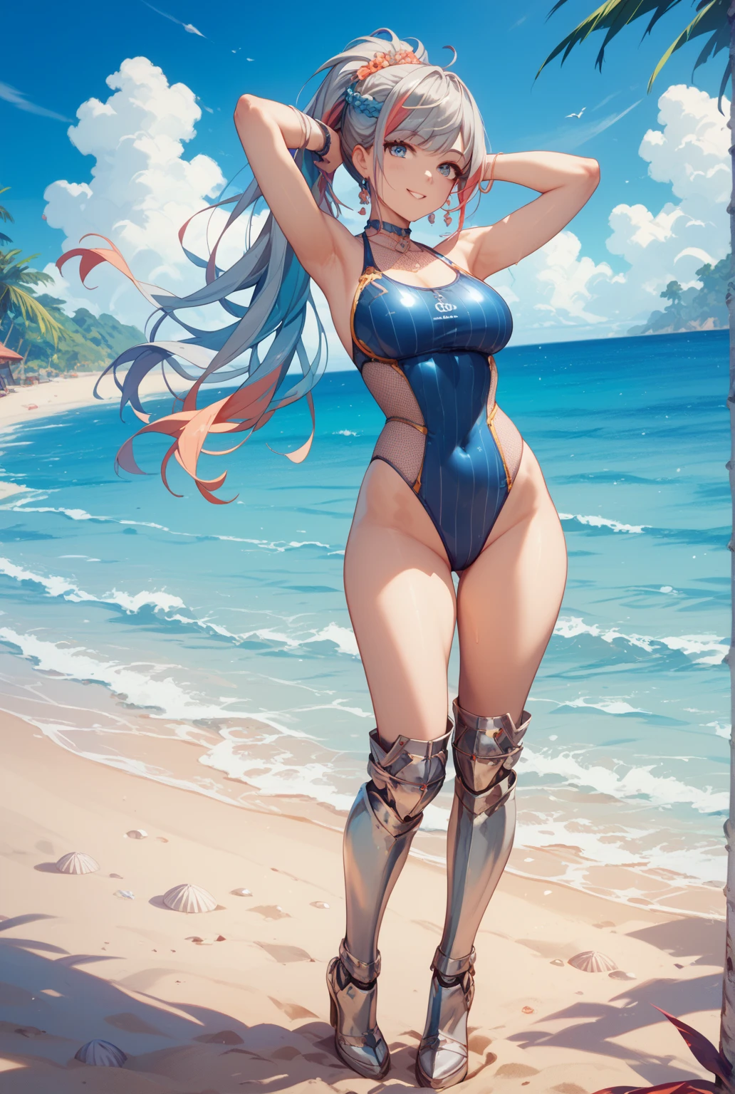 1girl, lum, blue hair, horns, strapless tiger bikini, tiger boots, in outer space, next to the moon, cute, full_body, smile, floating, 