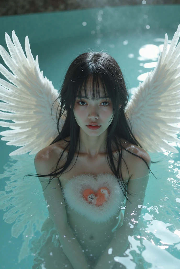 ((((NSFW))))、High resolution、In detail、Highest quality、masterpiece、Anatomically correct、(A young, naked 12-year-old angel: 1.5)、(She has white wings on her back)、Super cute girl、Lying on your back、Spread your legs wide、I can see the vagina、My nipples are erect、Touching nipples with hands、((Big Breasts))、Shy expression、Sweaty and flushed skin、bright midsummer sunshine、Shallow marine blue sea、A large bed floating in the sea、