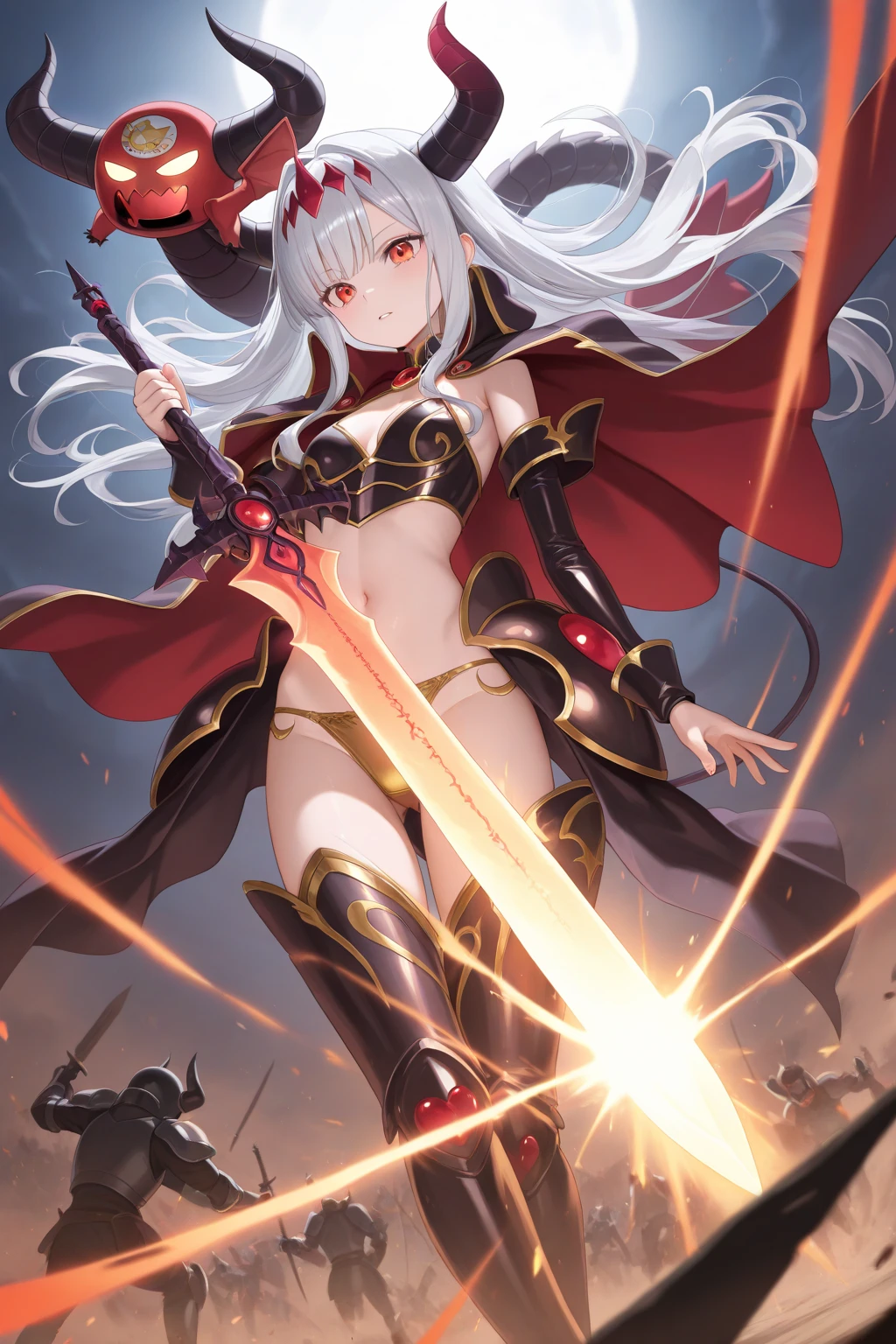 fantasy, 1devil_girl, low_teen, platina_blond_hair,long_bangs, bare_shoulder, navel out, thighhighs,silver_armor, red_clothes,waist_armor, Glebe, hold_swords, large_tits, dynamic_floating_pose,Floating,(pelvic_curtain:1.3), silver_Headgear ,looking_down_at_sunrise_city_sky_background,,slightly_spread_legs,solo,horn ,smile,,open_legs,open_arms,rise_knee,rise_leg,rise_thigh,rise_leg,apart_legs,fang,Shiny_gold_eyes,crotch