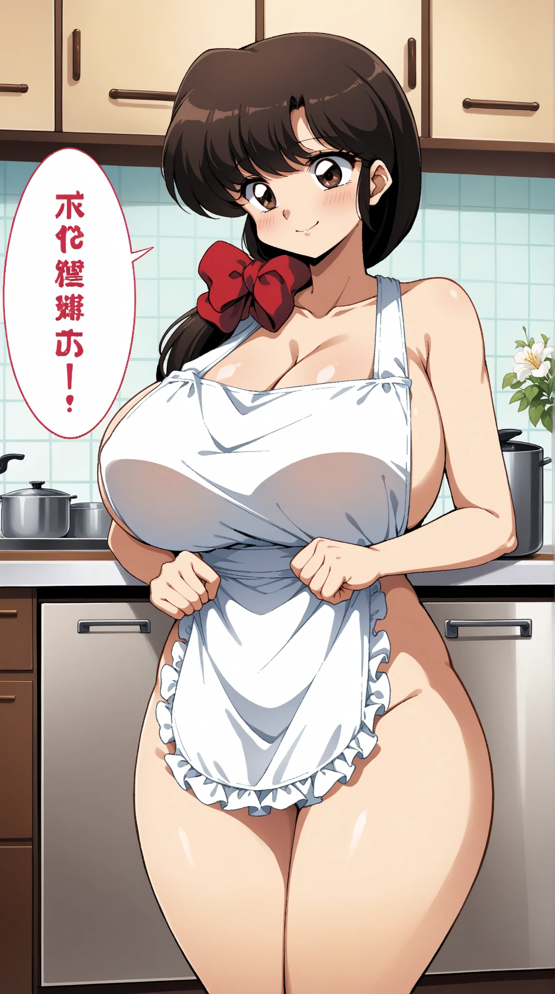 (Mature Woman:1.5), (mother:1.5), Ishtar, Fate Grand Order, (absurderes, 8K, 4K, masutepiece, hyper extreme detailed:1.2), Best Quality, Perfect Anatomy,Perfect face,Facing forward,High humidity, (alone:1.2), (Sweaty:1.3), shortness of breath, High humidity, humid, (Black Hair:1.1), Red eyes, Looking into the camera, (Very large breasts:1.5), Light clothing, apron, (kitchen;1.1), (Having a conversation:1.5), (Speech bubble:1.2), A kind smile, relief, peace of mind, mother性, Cooking, have a ladle, pot, pot-au-feu, (chubby:1.1), (Plump:1.1)