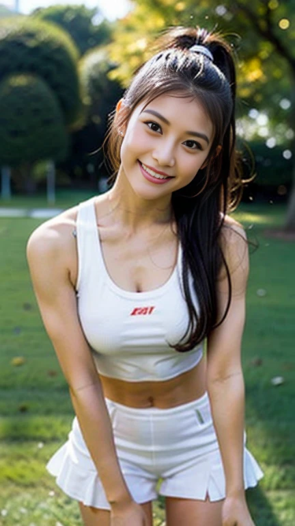 (masterpiece: 1.3), (8k, Realistic, RAW Photos, Highest quality: 1.4), Beautiful 20 year old Japanese woman, (Random Hairstyles: 1.2), Ultra Detail Face, Eye on the details, double eyelid, Sharp focus: 1.2, Beautiful woman: 1.4, Light brown hair, Highest quality, masterpiece, Ultra-high resolution, (Realistic: 1.4), Ahegao, Shining Sweat, thin, short hair、Spread your legs、Camel Toe。High heels。nipples sticking out under the shirt,, Track and field athlete stretching, tight white crop top,Racing shorts in beautiful colors, Shining Sweat, thin, Serious expression, short hair、smile、Camel Toe。Sneakers。At the athletics stadium, Squat,
