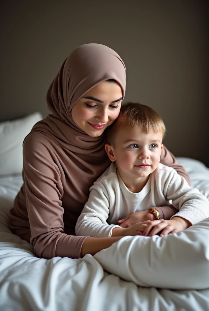 a beautiful Indonesian woman wearing a hijab, slim, 32 years old wearing a robe with buttons open, bra visible, is sitting on the body of a 14 year old teenage boy on a bed, in a room with wooden plank walls, at night