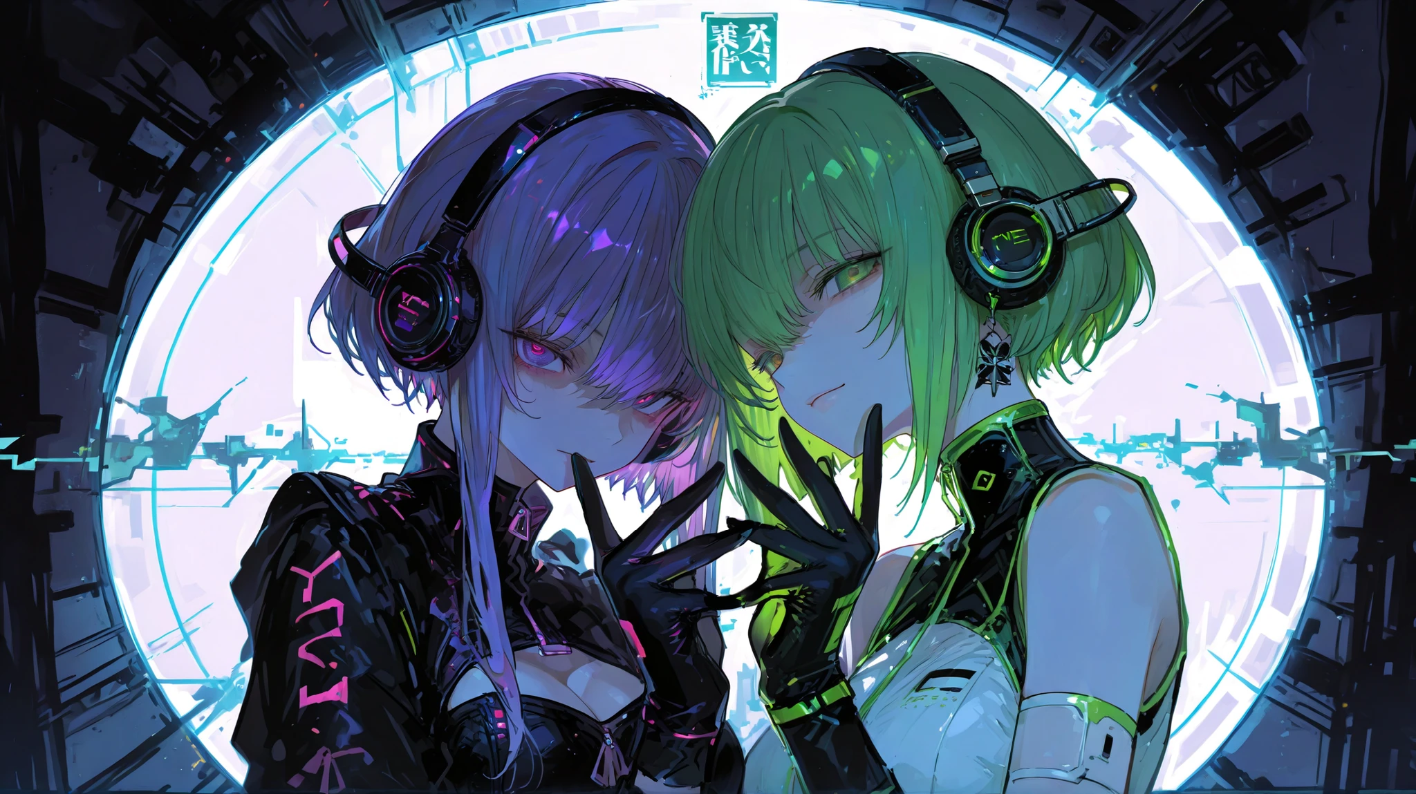 (Two Women :1.3)、two cool women、dynamic on the background、Cyber Fashion、headphones, Song、amazing、Highest Quality,Cyber World Background,amazing、pose with movement、fantastic、gloves、green hair、purple hair、Dark Atmosphere