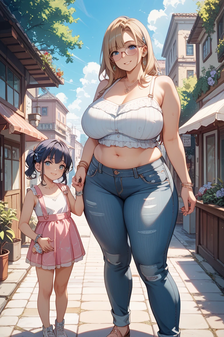 Mother and daughter with huge breasts with sexy cleavage walking in the park 