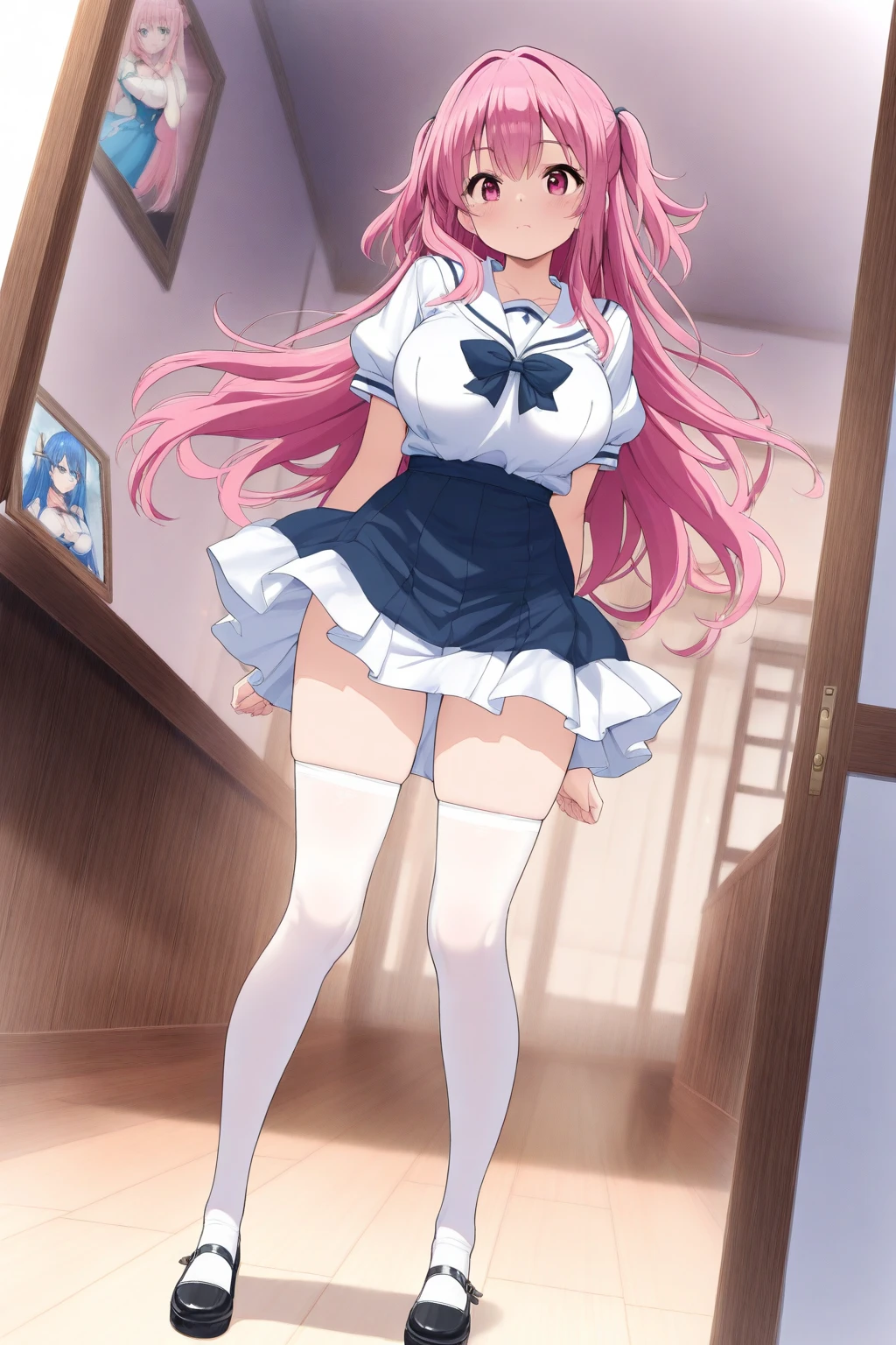 Masterpiece, Best quality, Night, rain, art book, kawaii, mini girls, Pink hair, Very long hair, Hair Bow, Putting up with_face, Pink eyes, Large breasts, serafuku, Lingerie, white garter belt, satchel, yokozuwari, Skirt lift, 😍, In the dressing room,