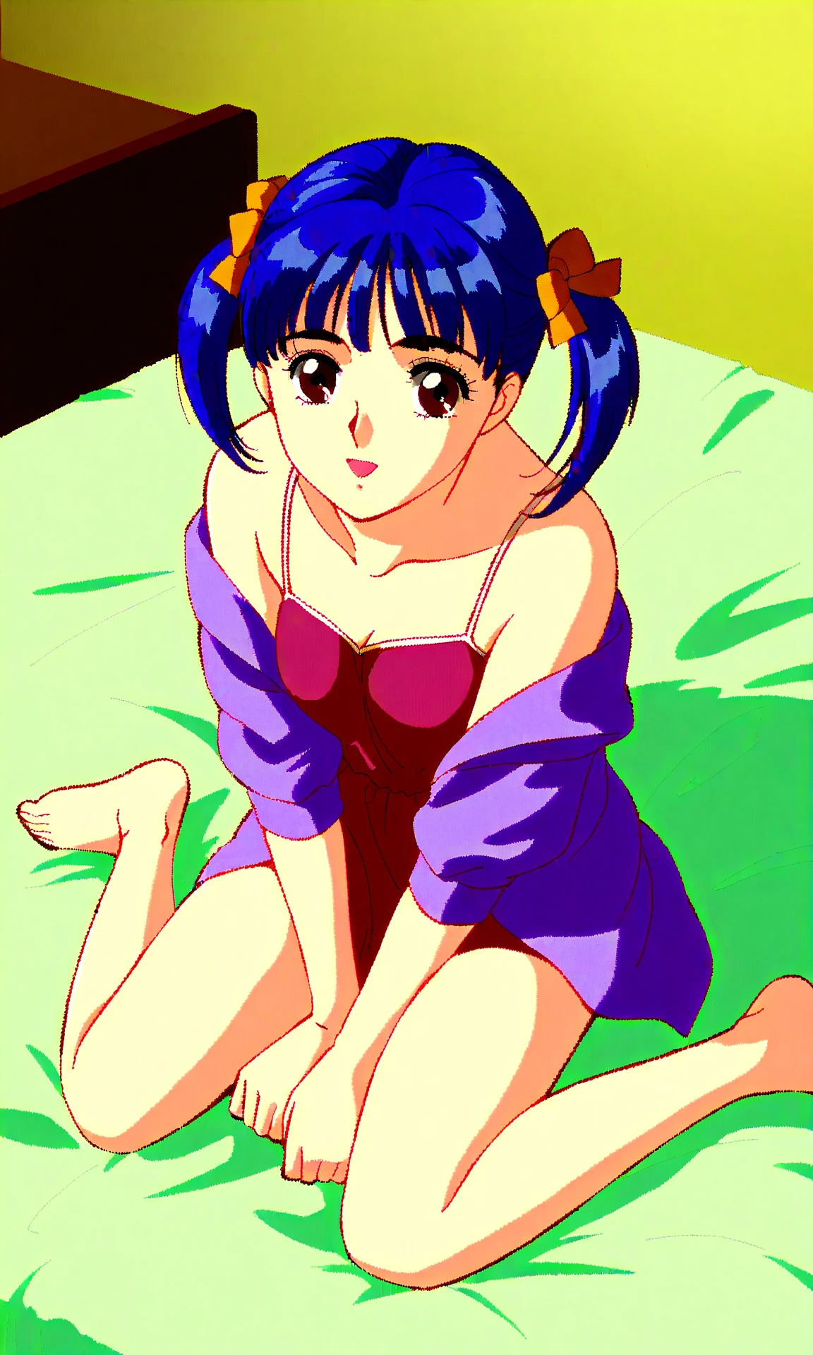 <lora:Misato:0.7>  1girl,solo,long hair,breasts,looking at viewer,smile,cleavage,medium breasts,swimsuit,purple hair,bikini,one eye closed,brown eyes,bent ver,hanging breasts,downblouse,katsuragi misato,retro artstyle,1990s (style),masterpiece,oldest