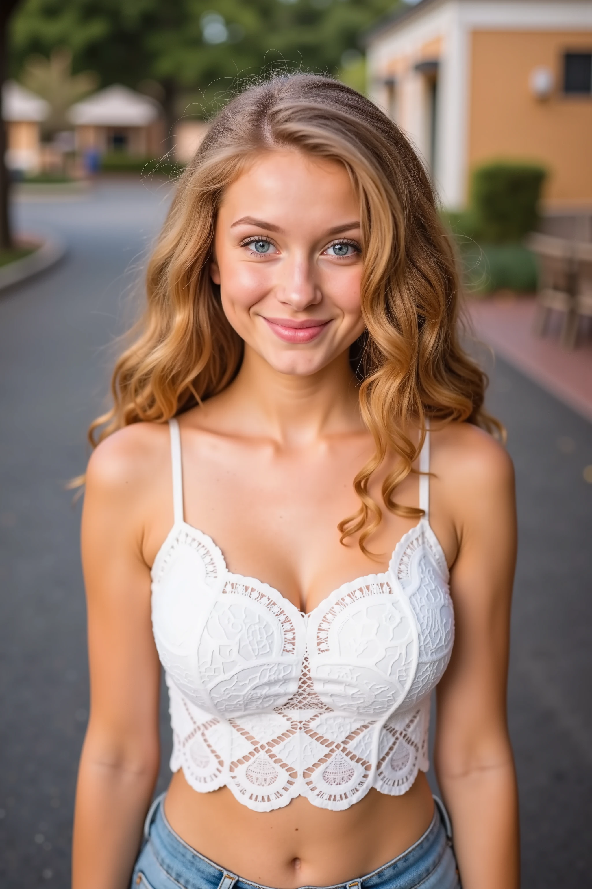 teen fashion model, skinny, thin, slim, lean, slender, nubile, posing for picture, wavy blonde hair, blueeyes, natural lighting, armpits, thin waist, thin hips, perfect lips, young, youthful, teen, teenager, walt disney world, wdw, white lacey camisole, jean shorts, spaghetti straps, busty, massive breasts, pale white skin, bustypetite, petite