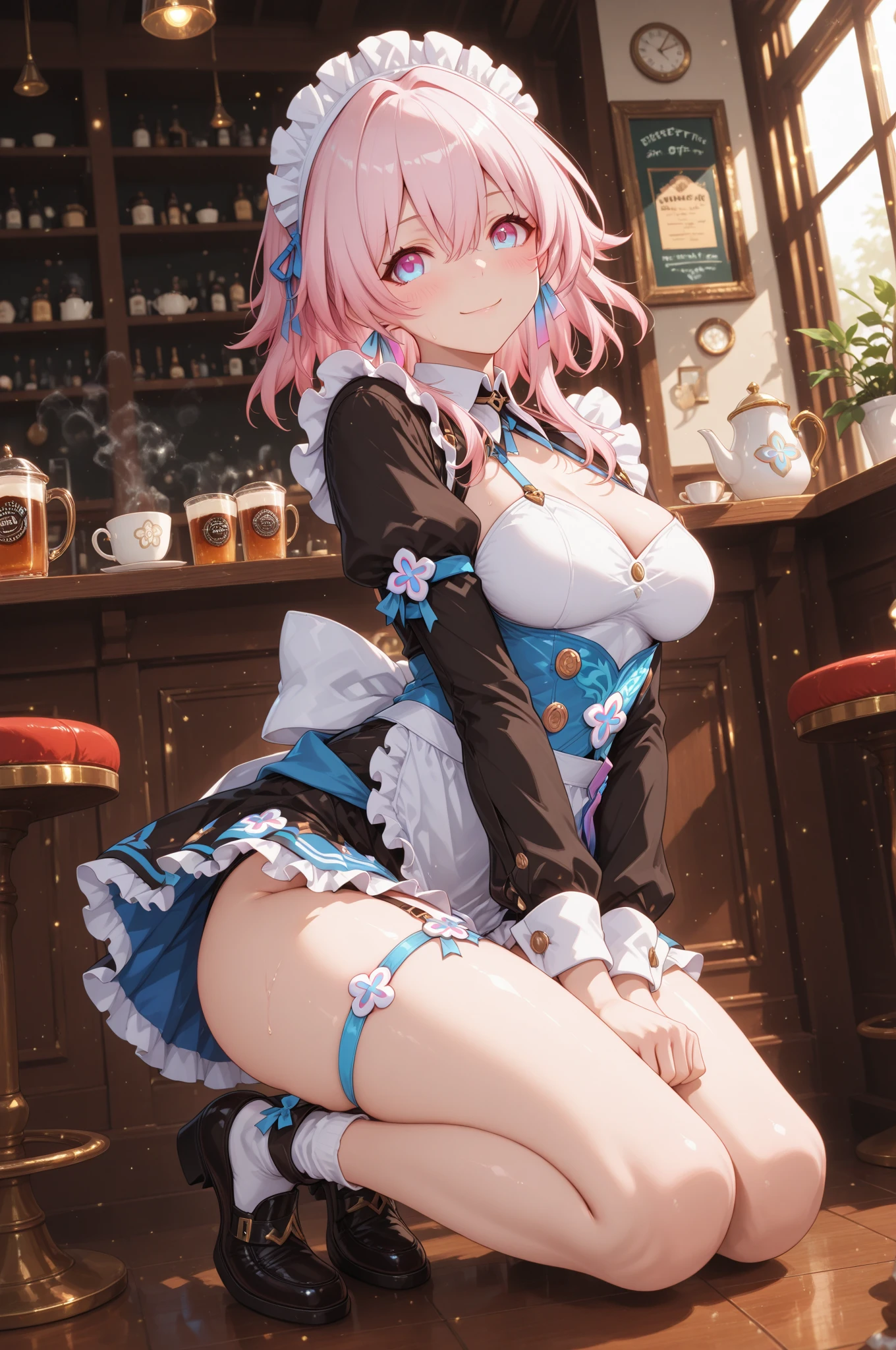 nsfw,(illustration,official art,hentai game cg,highres,soft focus,transparent skin:1.4),(1girl,pink hair,twintails:1.4),(loli,innocent girl,chestity,12yo:1.8),(undersized tight narrow short skimpy (micro bikini maid uniform:1.2),(frilled apron:1.4):1.6),(beautiful detailed oversized huge gigantic thick natural round boobs:1.8),(oversized protuberant extruded bulged raised puffy thick cleavage:1.4),(loving evil smile:1.4),(outdoors,in (gorgeous luxury vip cafe:1.2),hot summer:1.4),(sweaty,beach:1.2)