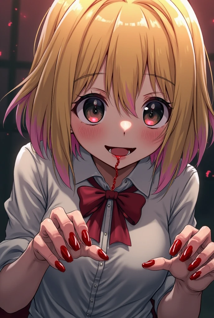 , masterpiece, best quality, amazing quality, very aesthetic, absurdres,  newest, scenery, volumetric lighting , scenery,  1girl, toga himiko, teeth, open mouth, blood on face, smile, double bun,  crazy eyes,  hand on own cheek, upper body, school uniform backlighting, from above, dutch angle, , close-up, dutch angle, (colorful), from above, (((paint splatter))),{anime}, good lighting, detailed eyes, {very aesthetic}, {detailed},anime screencap,anime coloring