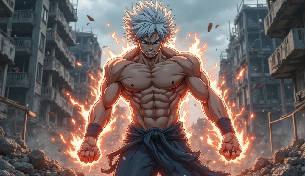 a powerful warrior character, in a anime style, with spiky white hair and glowing eyes. The character should have a muscular, bare-chested upper body, wearing loose, tattered black pants held up by a red sash around the waist. Surround the warrior with a dark, purplish-red energy aura that swirls chaotically around their hands and feet, giving a sense of fiery, dangerous power. The character's expression should be fierce and intense, conveying readiness for battle and an overwhelming sense of strength.