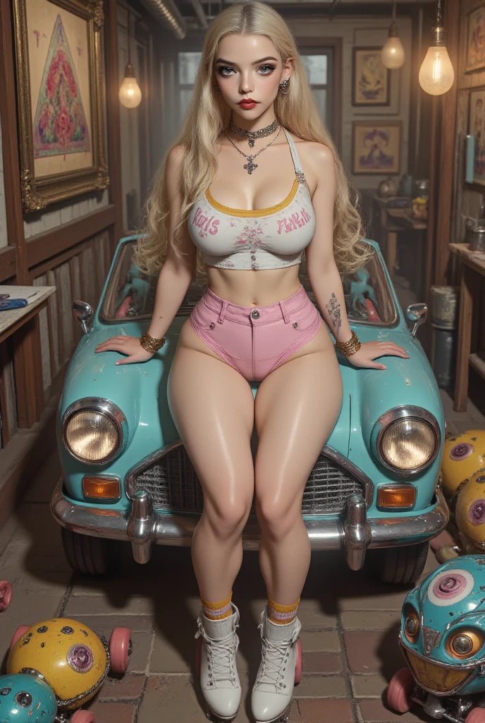 bimbo, 20 years old, platform boots, perfect fake boobs, round fake breasts, sunglasses, latex, choker, baseball cap, NSFW