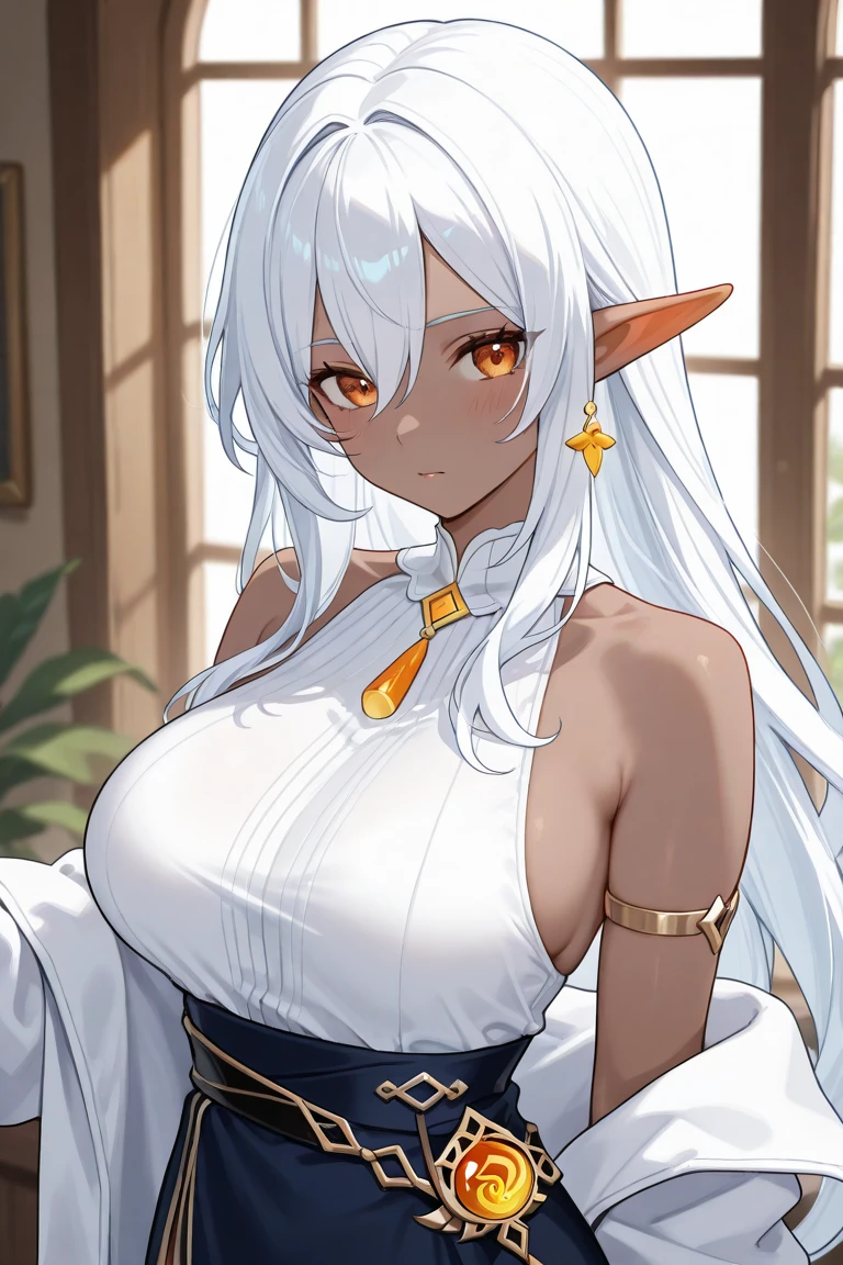 dohna dohna style,1girl, breasts, solo, yellow eyes, long hair, dark-skinned female, dark skin, large breasts, cleavage, dress, jewelry, looking at viewer, white background, smile, white dress, white hair, bare shoulders, detached sleeves, simple background, necklace, upper body, masterpiece, best quality,