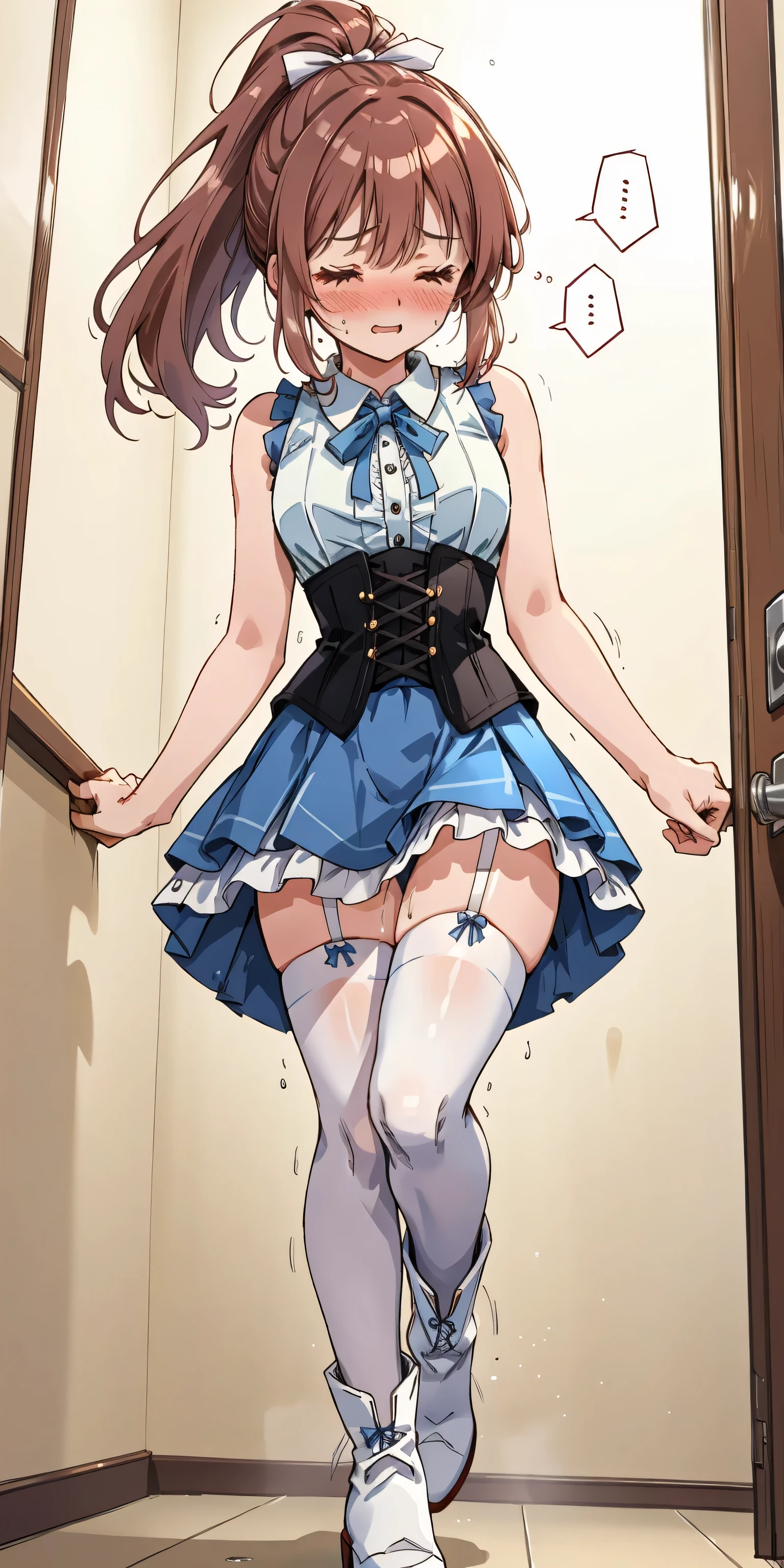 (masterpiece:1.2), best quality, highres, original, (extremely detailed:1.2), ultra-detailed, wallpaper, perfect lighting,(extremely detailed CG:1.2), 8k, anime illustration, HD, cute, kawaii, 1boy, crossdressing, solo, tomgirl, (tall height, 180cm height:1.3), (brown hair, open the mouth, laughing, happy, hairclip:1.1), (Lolita Fashion, short sleeves, pink dress, mini dress, delicate dress, ruffles hemline, ribbon on dress, flat chest, breastless:1.2), (lifting the dress, pantyshot, panties, ribbon on panties, anatomically correct:1.3), thighs, standing, (looking at viewer, frontal, low-angle:1.3), outdoor, sunny