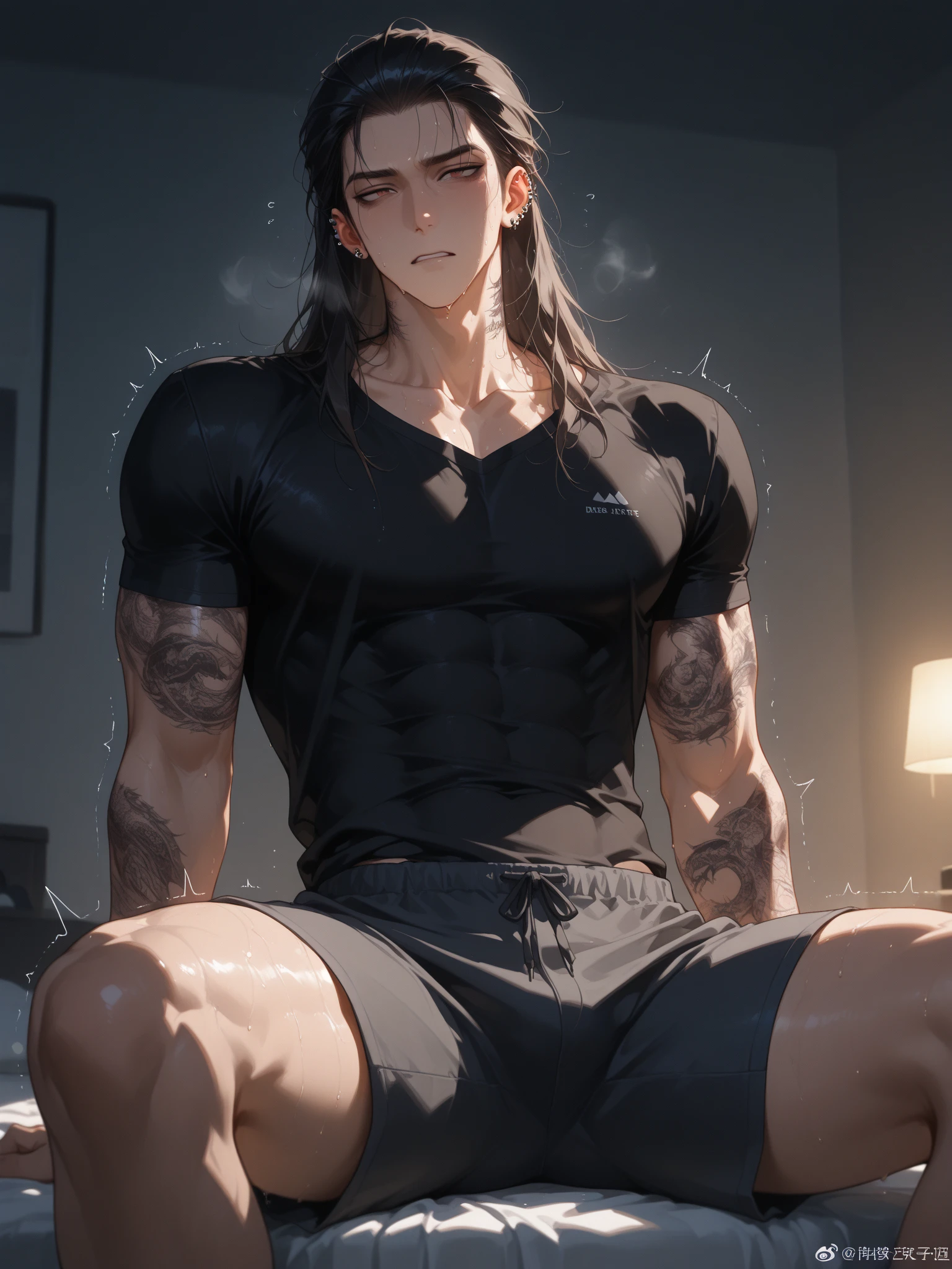 Handsome male, black hair, long hair, emerald eyes, detailed body, detailed hands, black shirt, black pants, standing in the door, nightfall, huge bulge in pants, horns, piercings, long sleeve shirt, manly, arrogant expression, buff man, handsome, roman nose