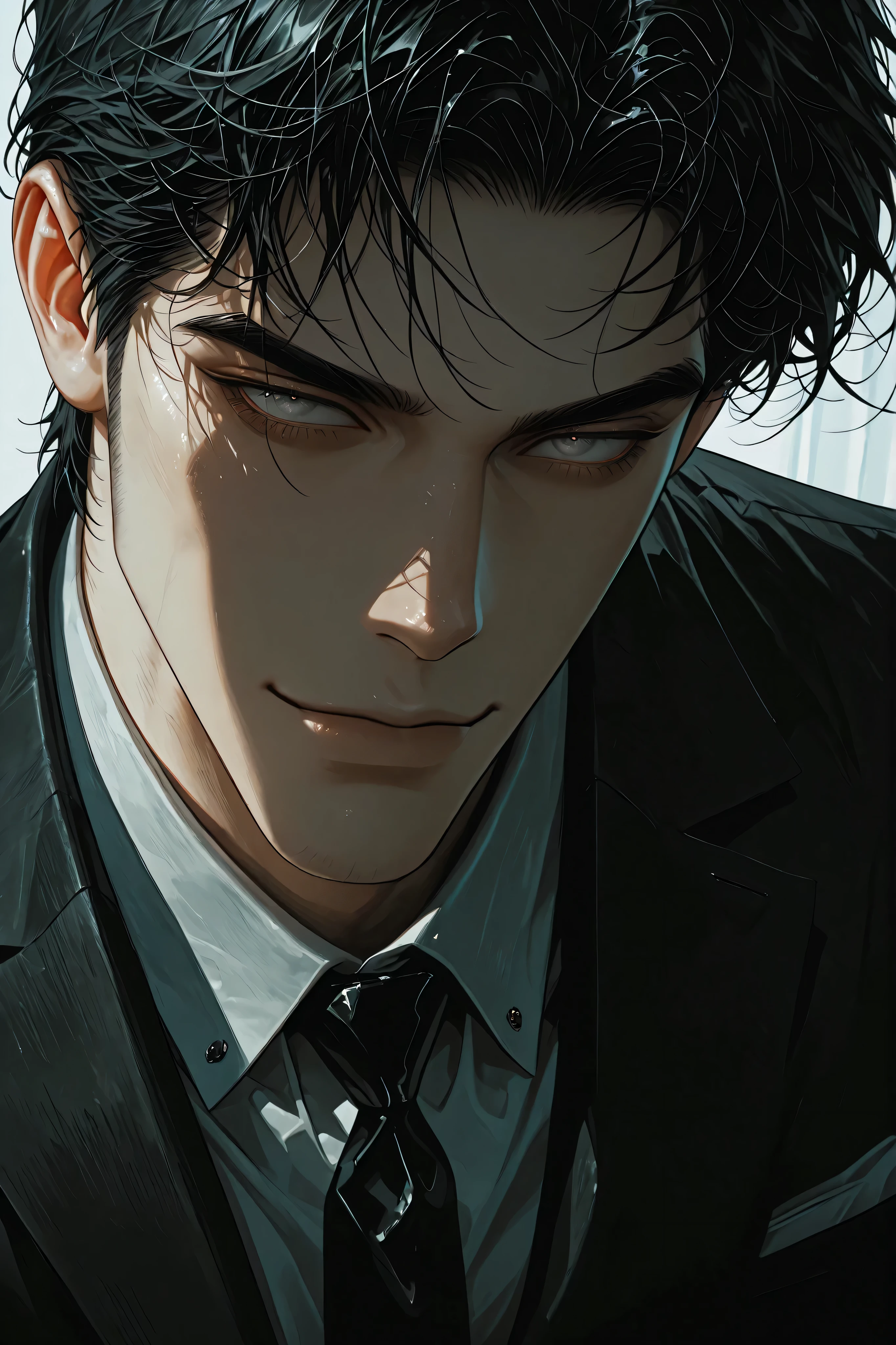 handsome adult male, A man in his 40s , Black Suit Jacket, shirt, Sexy cool guy, Solo, black hair with split nipples, Gray eyes , semi-realistic, close-up, DYNAMIC ANGLE, Smiling softly