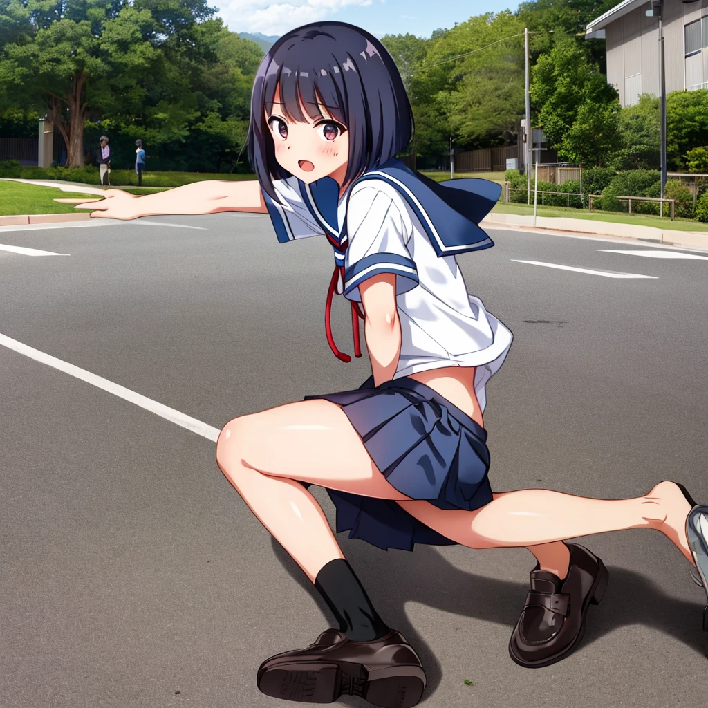 blue eyes, black hair, high res, ultrasharp, masterpiece, skinny legs, crowd not notice visible to viewer, secretly having sex, very close to other people, long wet shirt, excited, tiny girl, big pussy penetrated by penis, cheerleader, pants with hole, peeing