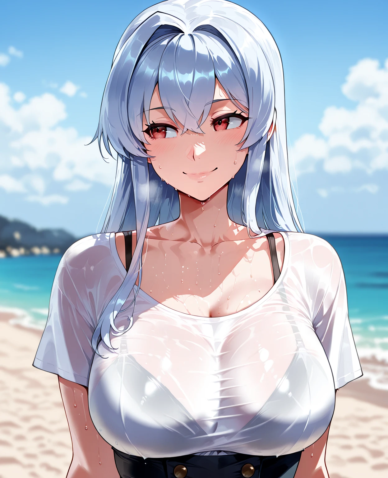 a milf, nsfw, beach, Sweats, wound, swimsuit falls off the body