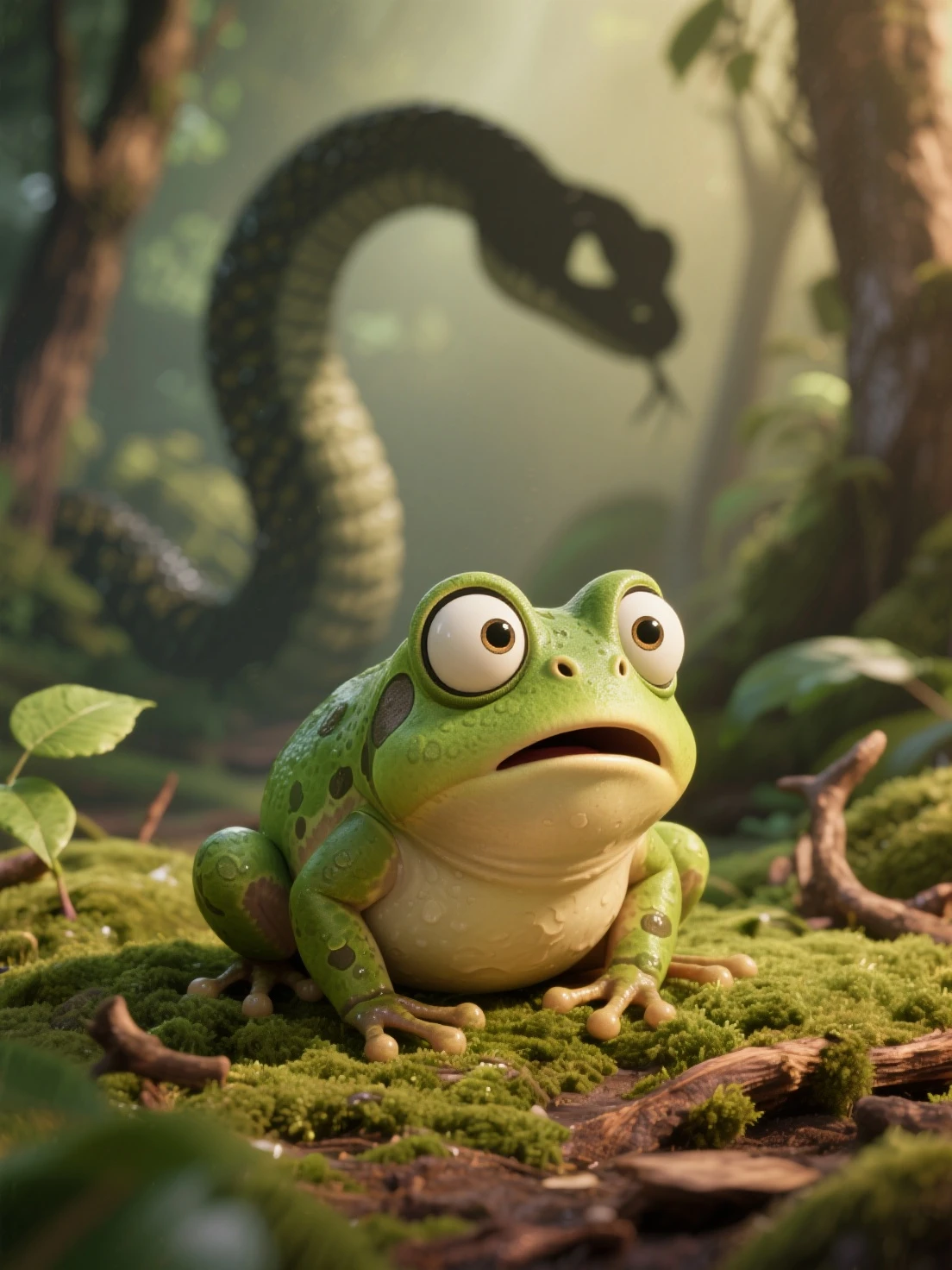 (giant frog prince on a beanstalk,highly detailed, cinematic lighting, fantasy art, 4k, ultra-detailed, realistic, photo-realistic, beautiful detailed eyes, beautiful detailed lips, extremely detailed eyes and face, long eyelashes, beautiful vibrant colors, dramatic lighting, epic scale, magical elements, intricate details, lush vegetation, dramatic angles, cinematic composition, masterpiece)