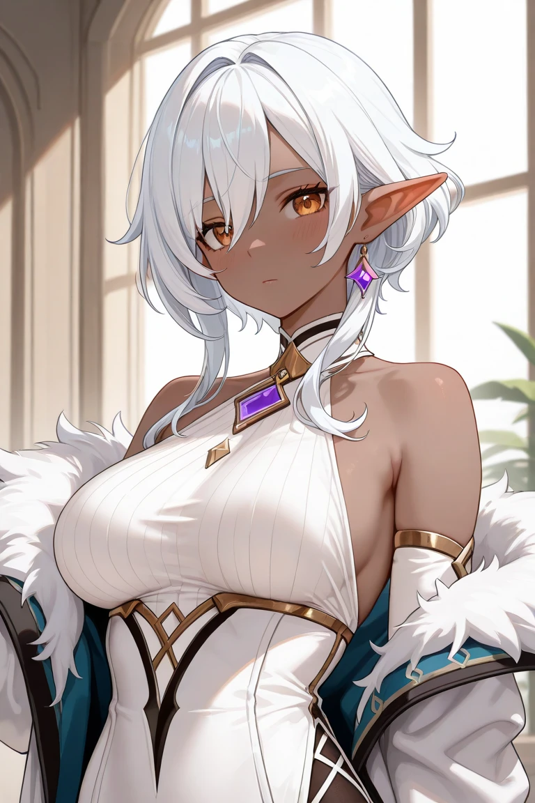 4K:1.2,(masterpiece),(best quality), (uitra detailed),One Woman:1.1,medium hair+asymmetrical bangs:1.2,silver hair:1.3,brown eye:1.1,Large Breasts,Elf Ears:1.2,tan skin:1.2,tull body:1.2,big laugh:1.2,fairy:1.3