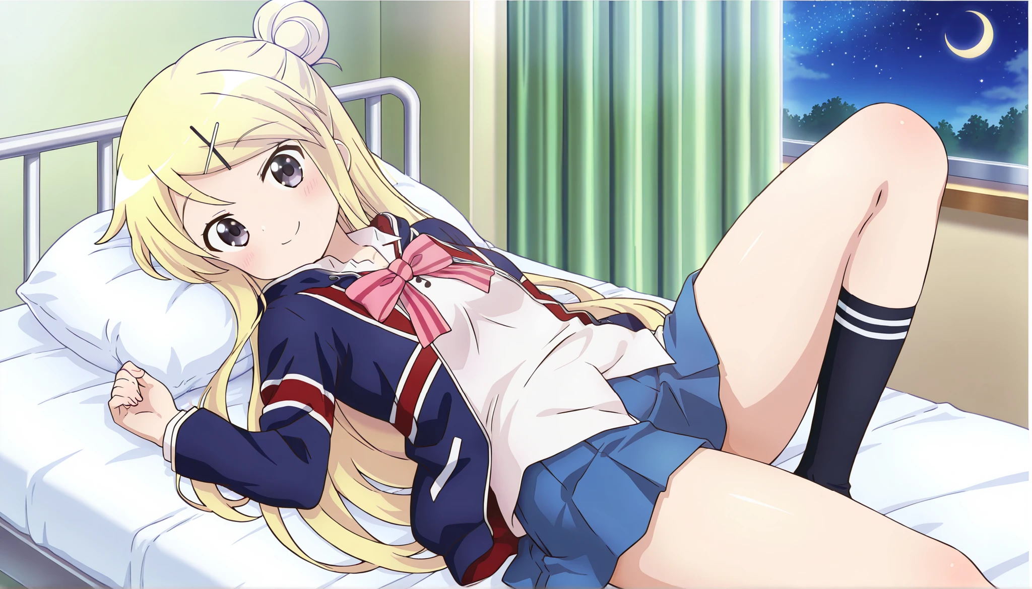 dropout of high school and depression bedridden 1girl , smile thick thighs Kujou Karen very long hair , blonde hair , single hair bun , hairclip , x hair ornament , sidelocks , side swept bangs , black eyes , white shirt , collared shirt , union jacket , pink bowtie , neck ribbon , pink ribbon , long sleeves , small breasts , miniskirt , blue skirt , black socks ,thick thighs, smile,crescent moon, stars (sky),looking at viewer,Infirmary,bed,knee up,lying on a futon