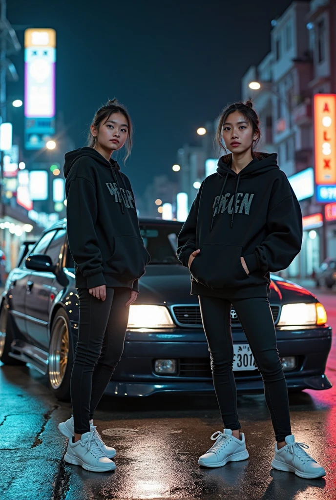 deux femmes ensemble de 18 ans  et mince , black short sleeve hoodie , salle de classe, se touche,position sey,sensuel