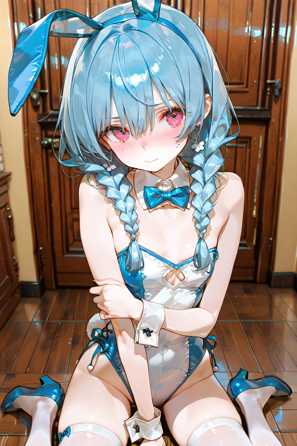 Little beautiful girl, naked,Cat ear,Long white hair,Light blue eyes,cute, young, small limbs, short fingers, Big Breasts, smile, Big ribbon, Thin and light clothing, 透け感のある水でWet白いレオタード, Sheer white lace tights, Thin, sheer white tights,Smooth Skin,lift the perineum,Her cleavage is protruding ,(Spread your legs),(The hand details are perfect too.),(Wet),Squat,Wet,Vulgarity, leaking,Nipples can be seen through clothes,White long gloves,No shoes,Ahegao,
