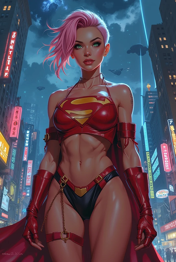 uma pintura digital da supergirl, DC, cabelos longos, loira, arte cyberpunk de Josan Gonzalez, vencedora do concurso behance, afrofuturismo, synthwave, neon, neon brilhante, coxas grossas, cintura fina, sensual, ????, pouca roupa, ?????? art, anime, roupas  rasgada de batalha, extremamente ??????, corpo suado,, ????? grandes, bunda grande, HD, 8k, Alta qualidade, detalhes, corpo perfeito, destaque o corpo,