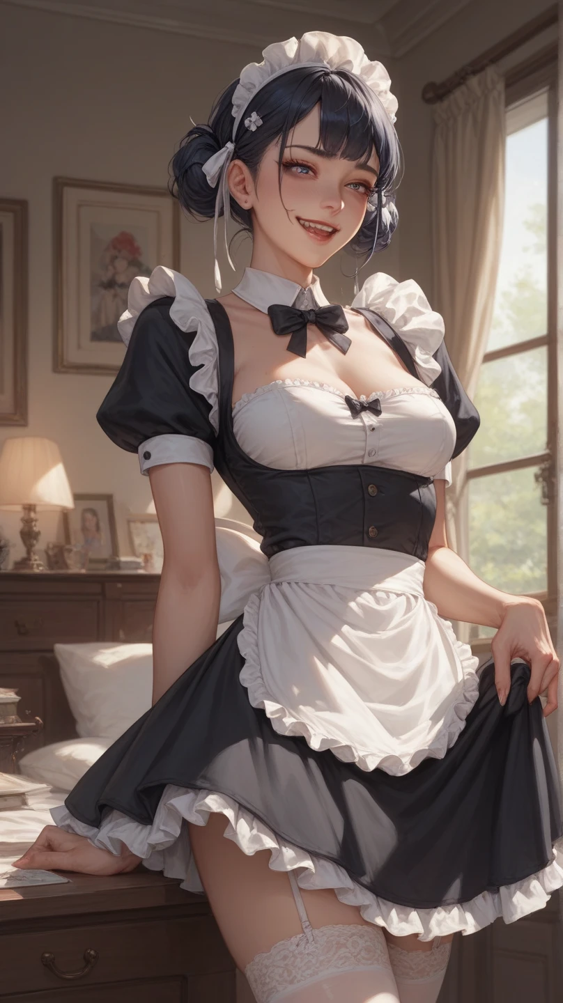 "seductive, alluring maid with a hint of mystery and elegance"