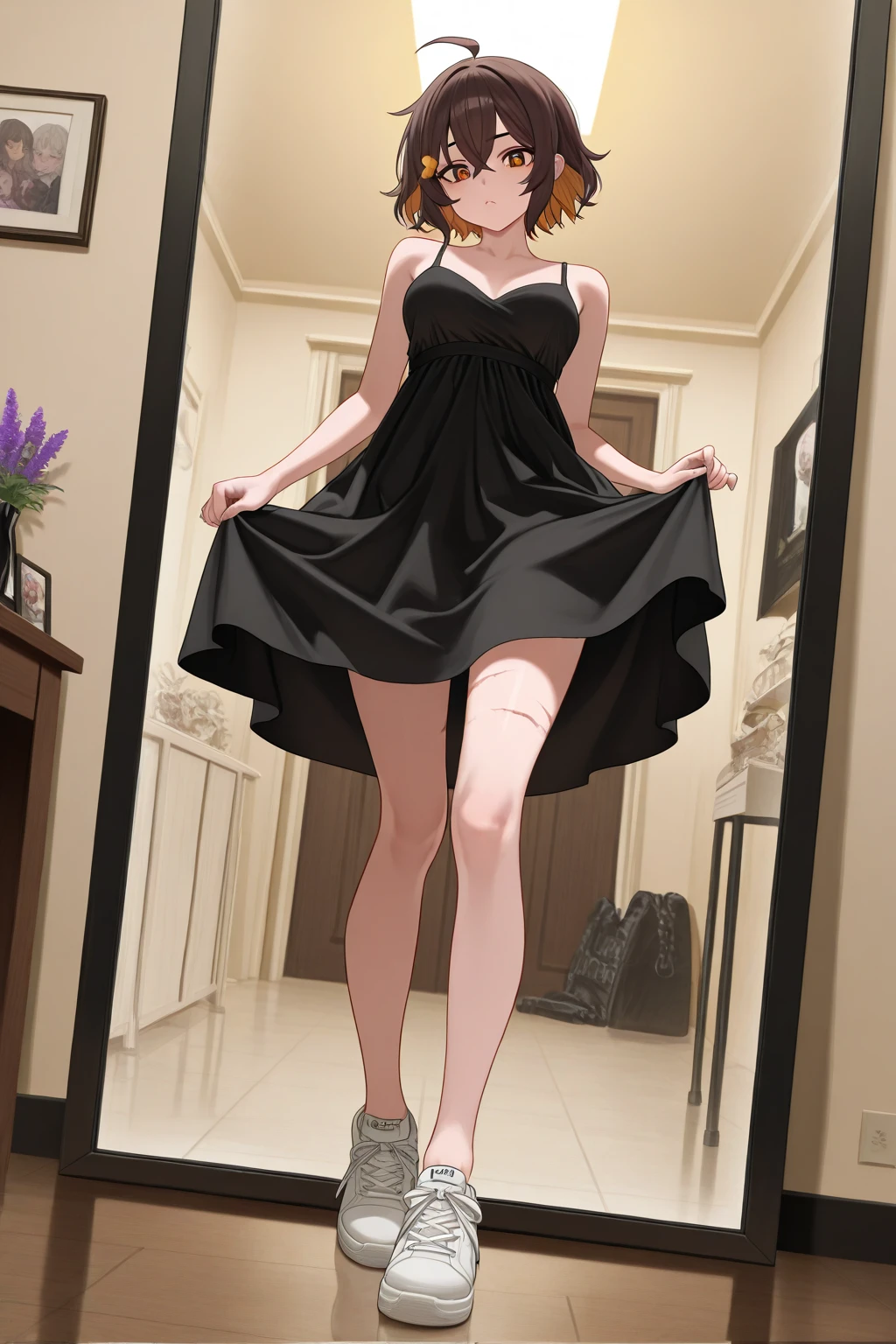 ((Best Quality)), ((Masterpiece)), (Detailed), Girl with short black hair, with straight bangs, yellow eyes, the pupils of his eyes look at your violence, tall and slender, very beautiful and feminine features, wearing shorts with long black stockings, short hair, nice breasts, with a too short miniskirt, she feels alone, just woke up
