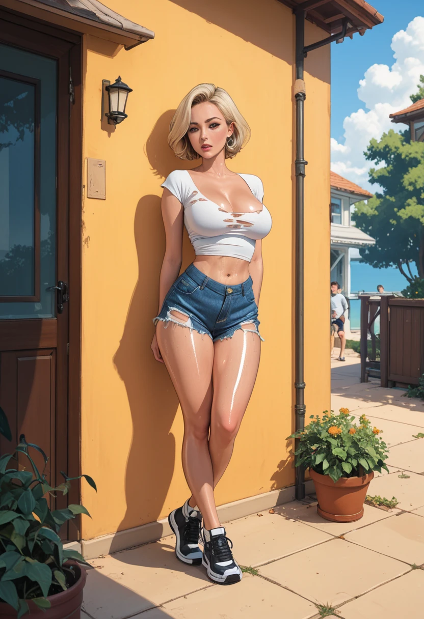 Uma Mulher 31 anos，de costa para o espectador, (pernas longas，seios grandes, cintura fina，magro，peito enorme) }，{Pornographic exposure, {Usando Shorts Jeans Bainha Crua Rasgado, (mostrando as beira da bunda))，seios nus, She has a medium platinum haircut with highlights..，(Suada encharcado de suor por todo o corpo)}，almost cloudy sky，（（（obra-prima），（papel de parede muito detalhado da unidade CG 8k），melhor qualidade，cinematic lighting，fundo detalhado，lindos olhos detalhados，Alunos brilhantes，olhos pretos，Redlip（Muito fino e lindo），（Beautiful and detailed description of the eyes），ultra-detalhado，obra-prima，）），Facing the camera，A high resolution，ultra-detalhado），revelando seios，Genitais nus， Protuberance，legs are open，Criado sexy，Vagina Dedos de camelo，Tez corada，De boca vermelha carnuda levemente aberta sensualizando, foto de corpo inteiro.