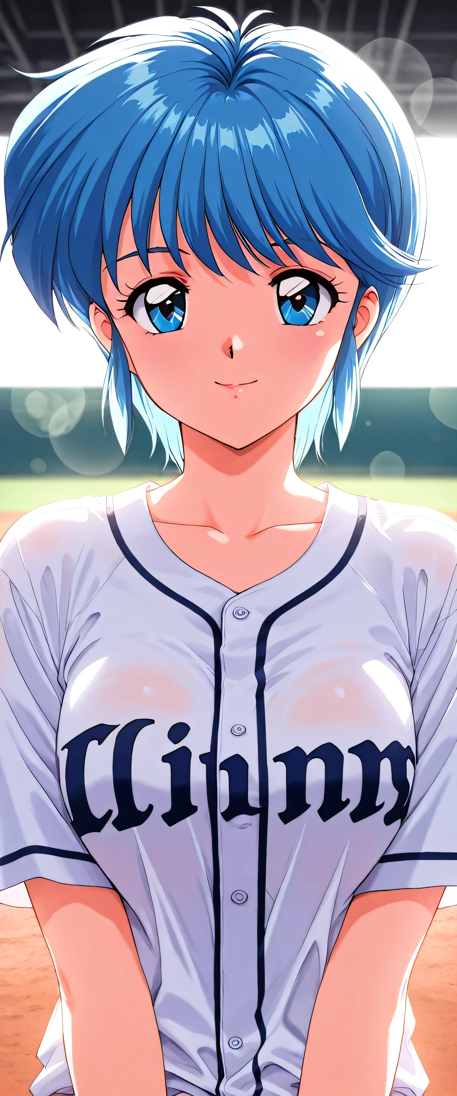 (beautiful girl: 1.3),masterpiece,Please redeem,Ultra-high resolution,Rich contrast,Very high quality,8k,Highly detailed CG unit wallpaper,Texture,So ridiculous,RAW Photos,Please redeem anime,Depth of written boundary 1.2,ultra-detailed eyes,Glowing Skin,Glitter Effect,Beautiful glossy lips,Nijino_Saki(Tokimeki_Memorial),1girl, solo, blue hair, blue eyes, short hair, bangs, medium breasts, 1990s (style),Baseball Stadium,seibu,smile,(upper body:1.5),(Circular Bokeh),(backlighting:1.5),