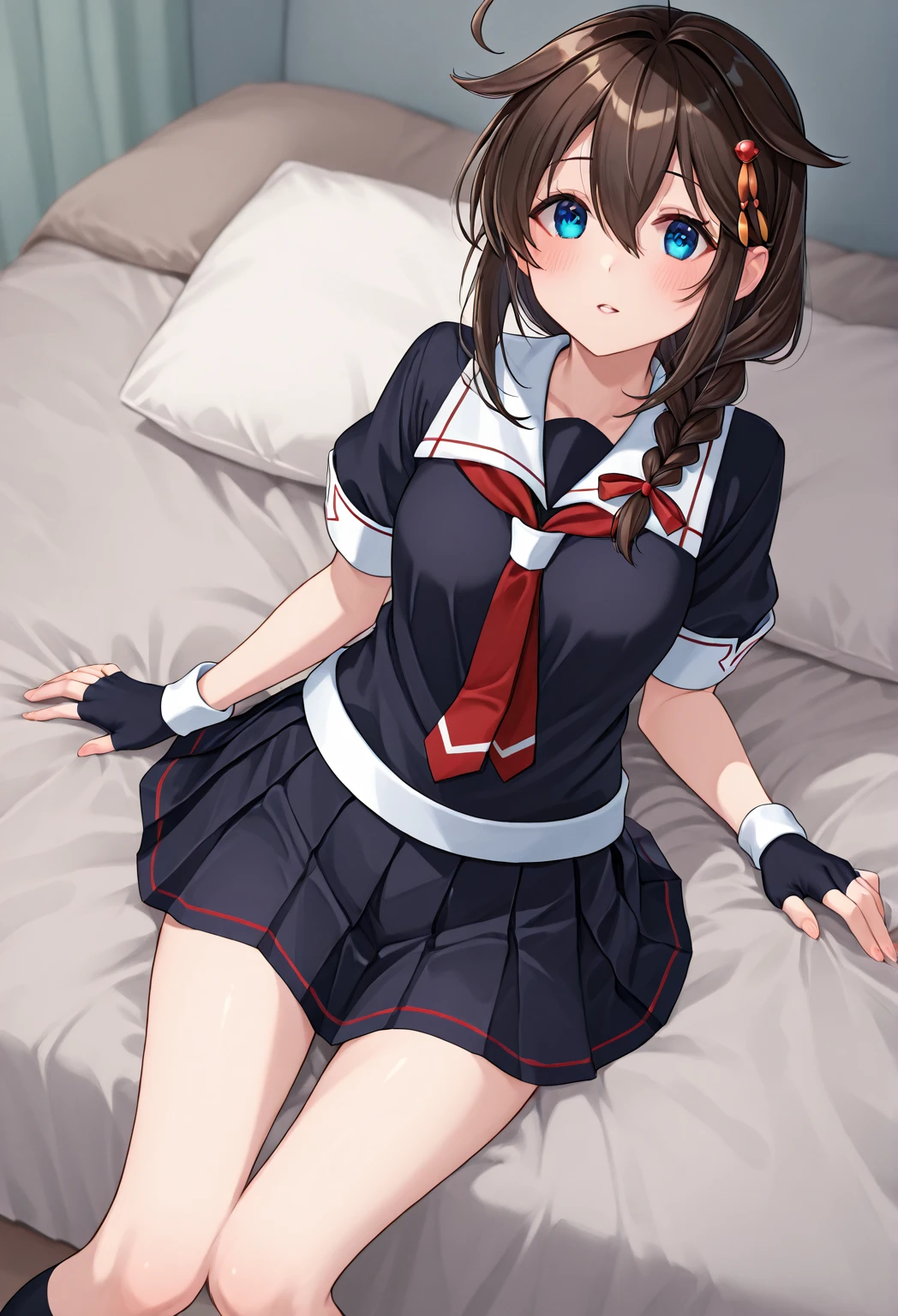 Young woman, bondage, anime, short dress with a neckline, high wedge heels, fishnet stockings, in a bedroom,