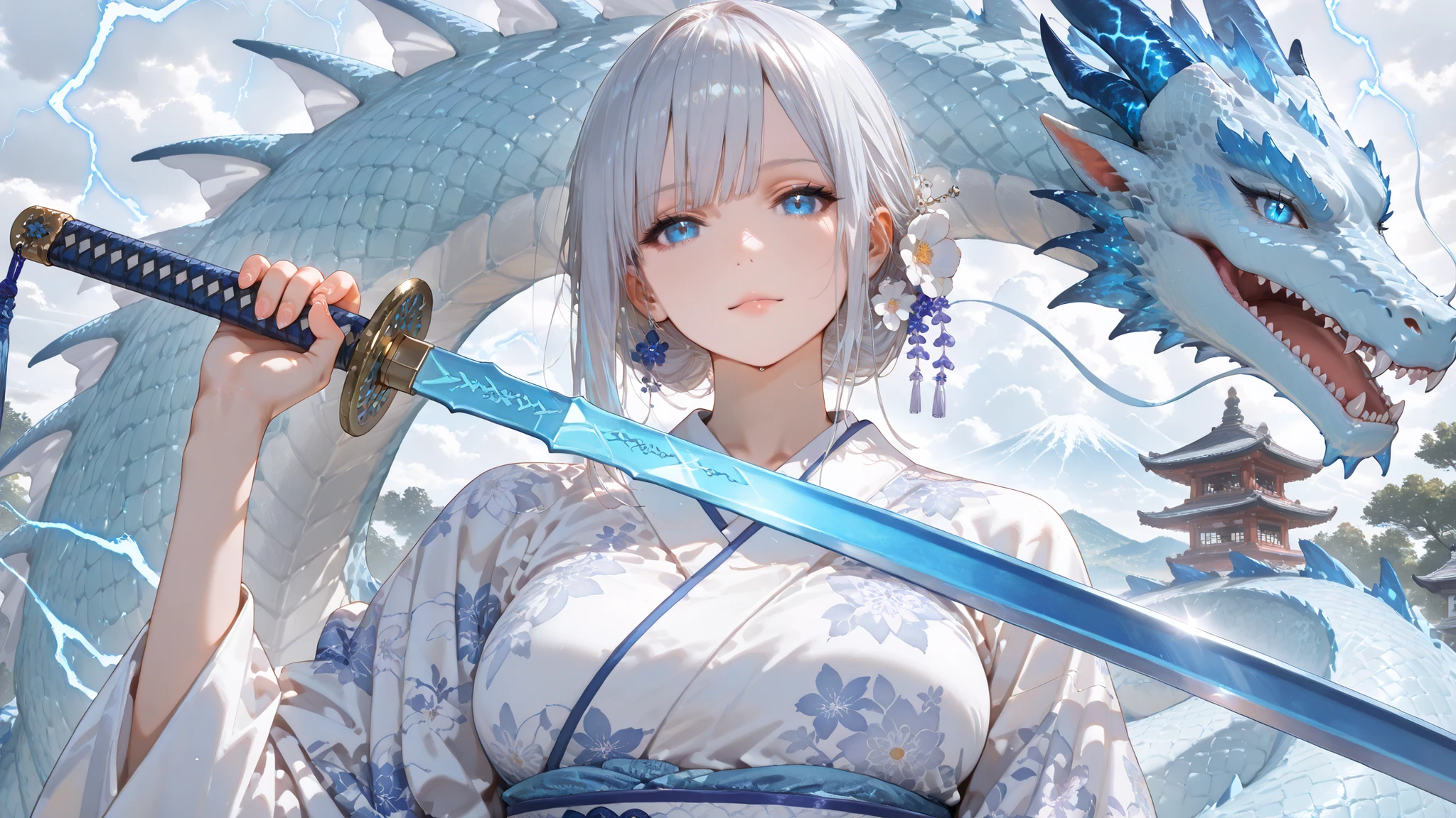 (masterpiece, Highest Quality:1.4),Super Detailed,8k,
high_Resolution,super_is fine_[illustration],detail_skin,detail_ face,detail_eye,,

1 woman,solo,upper body,blue and white kimono,is good,beauty  face,
has a sword,A shining blue sword,
(((white big dragon background))),
Outdoors,cloudy,blue lightning,