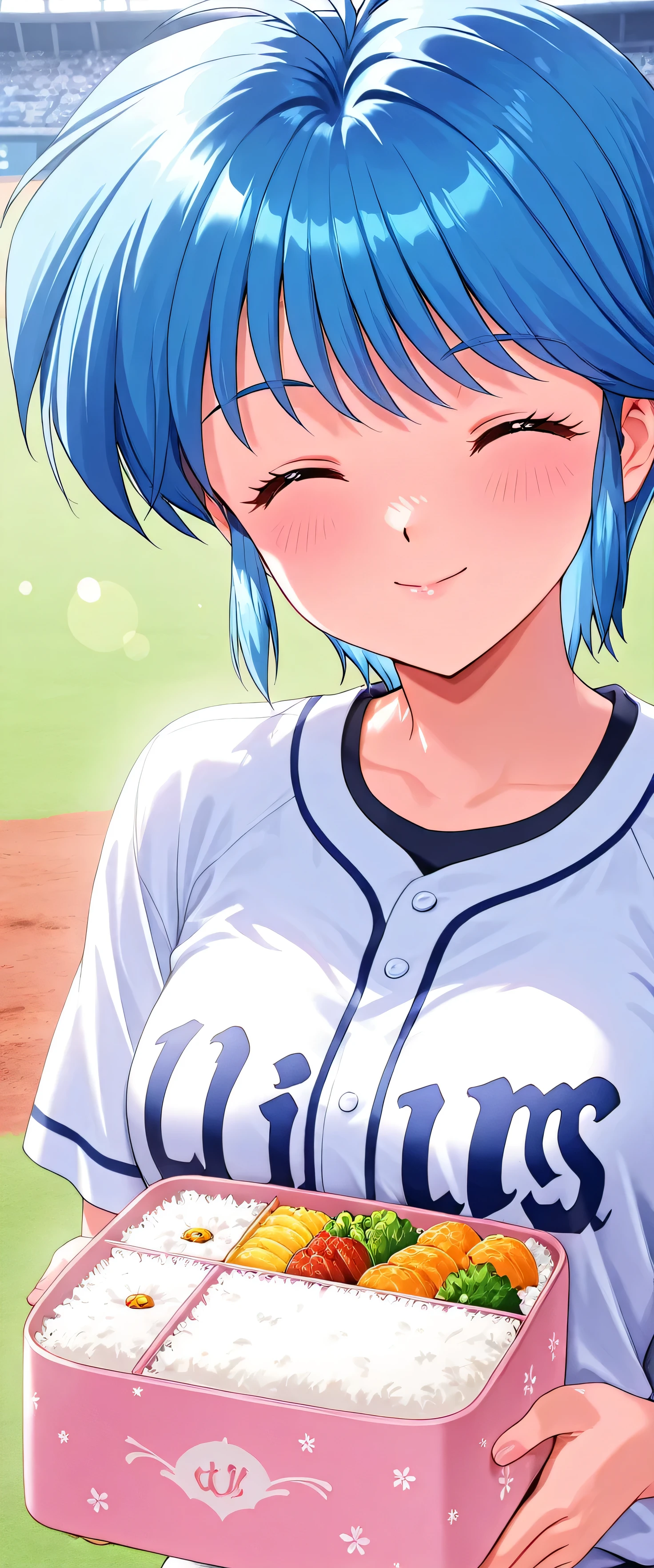 (beautiful girl: 1.3),masterpiece,Please redeem,Ultra-high resolution,Rich contrast,Very high quality,8k,Highly detailed CG unit wallpaper,Texture,So ridiculous,RAW Photos,Please redeem anime,Depth of written boundary 1.2,ultra-detailed eyes,Glowing Skin,Glitter Effect,Beautiful glossy lips,Nijino_Saki(Tokimeki_Memorial),1girl,solo, blue hair, blue eyes, short hair, bangs, medium breasts, 1990s (style),Baseball Stadium,seibu,smile,(upper body:1.5),Circular Bokeh,(backlighting:1.2),(A cute Japanese bento box contains a handmade lunch.:1.5),closed mouth,closed eyes