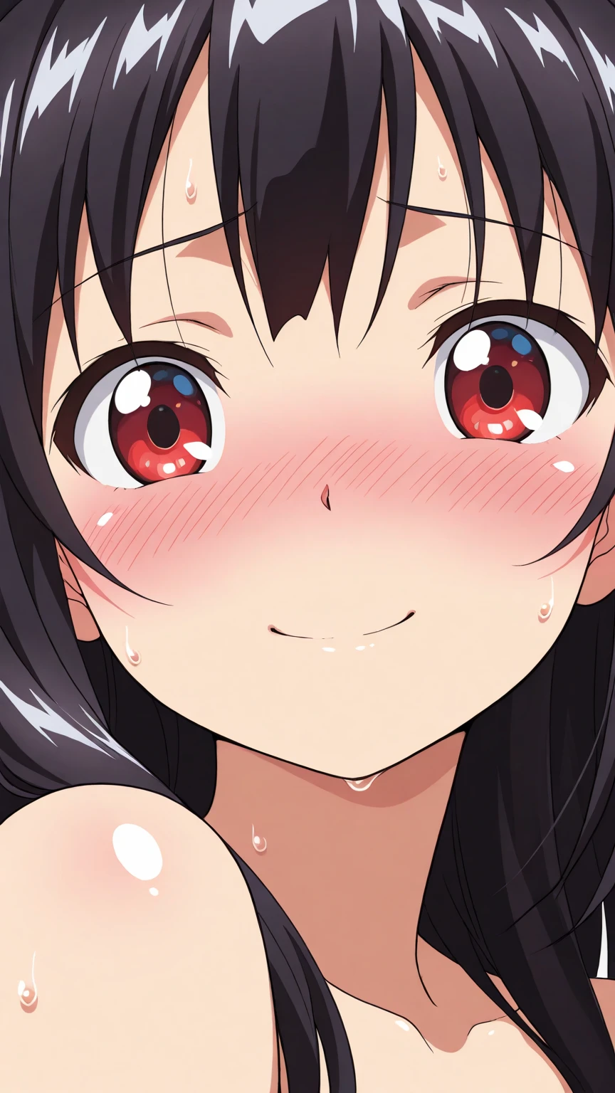 from above,face focus,open mouth,tongue out,cum on tongue,Hands under the chin,finger to mouth,lick,(1girl,Beautiful 16 year old girl),((Slender,Baby Face,Small face)),looking at viewer,looking ahead,look up,Black Hair,two side up,Gray Eyes,Drooping eyes,slit pupils,narrow eyes,Black off-the-shoulder,Beautiful and detailed anime art,Mischievous smile,Dimly lit room,Simple Background,Gray background,Low lighting