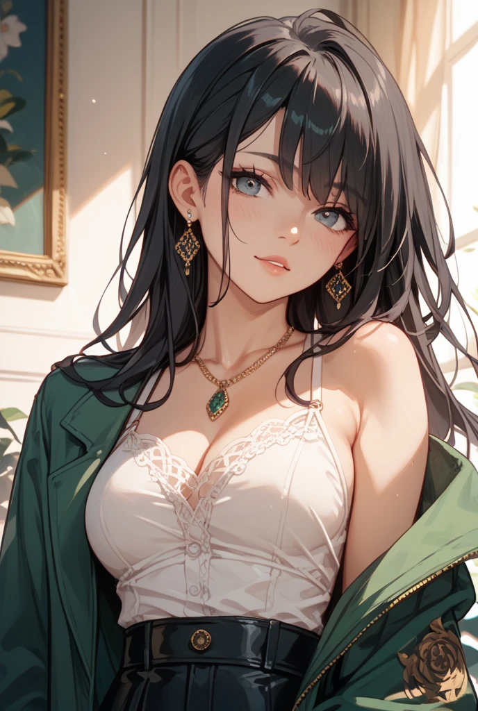 Detailed face, Eye depiction, masterpiece, Perfect quality, Anime Style, 8k, RAW Photos, Highest quality, High-quality RAW color photos, Professional photography, A calm lady in her late 20s, whole body, Fashionable earrings, One person, Slightly droopy eyes, Details, round face, Long Hair, Cute Underwear, A little plump, Best Bust, lingerie, Green Forest, Gentle smile, Relaxed pose, WLOP, Sakimi-chan