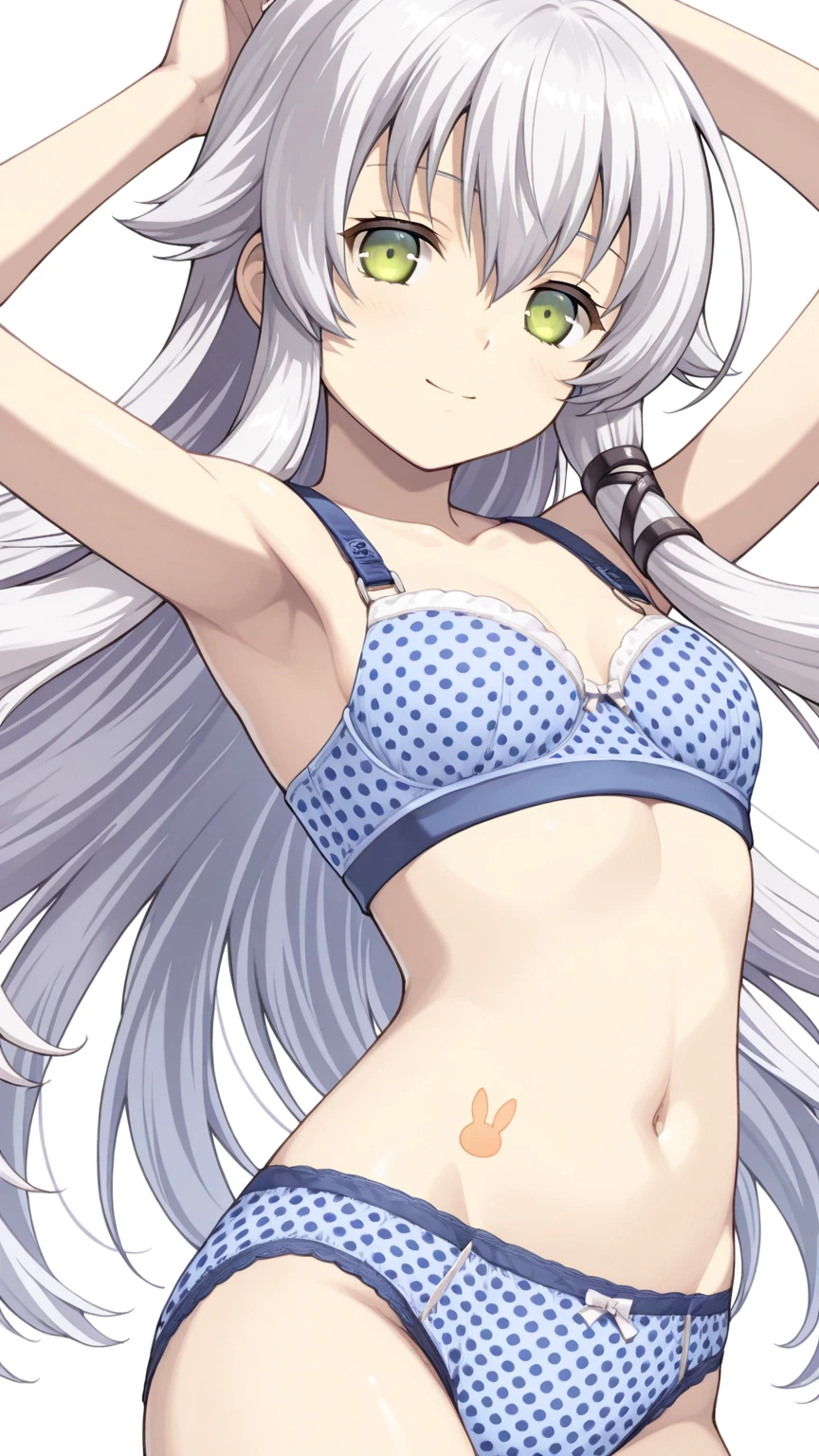 best quality, amazing quality, very aesthetic, absurdres, (1girl, noa, blue archive, solo, purpel eyes, white hair), (realistic face:0.9),(lace-trimmed bra:1.8),dress lift, (grin, blush, thigh:1.3), (cowboy shot), (glistening eyes), (), (official art:1.3), (panties around one leg), expressive eyes, perfect face, extremely detailed eyes, perfect anatomy, smooth skin, (simple background:1.5), clear eyes, beautiful face, small breasts,(anime style:1.7), (Warm Light:1.5), (highres:2), big breasts