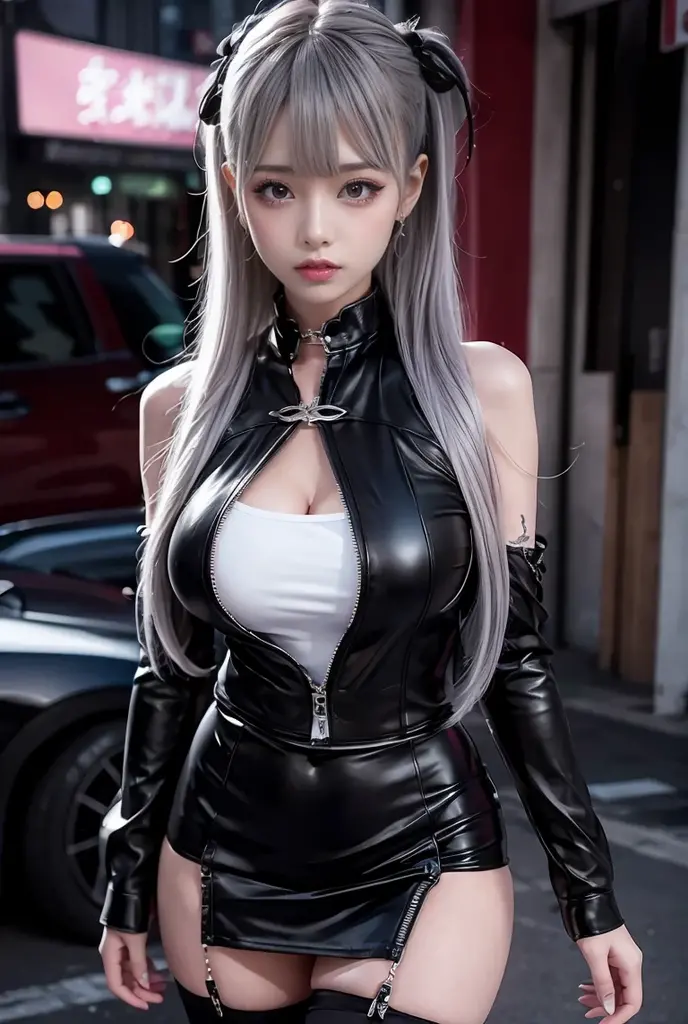 realistic, High resolution, 1 female, alone, hip up, look at the audience, (detailed face), gray hair, long hair, Midthorax wanders around\(body suit\), black suit