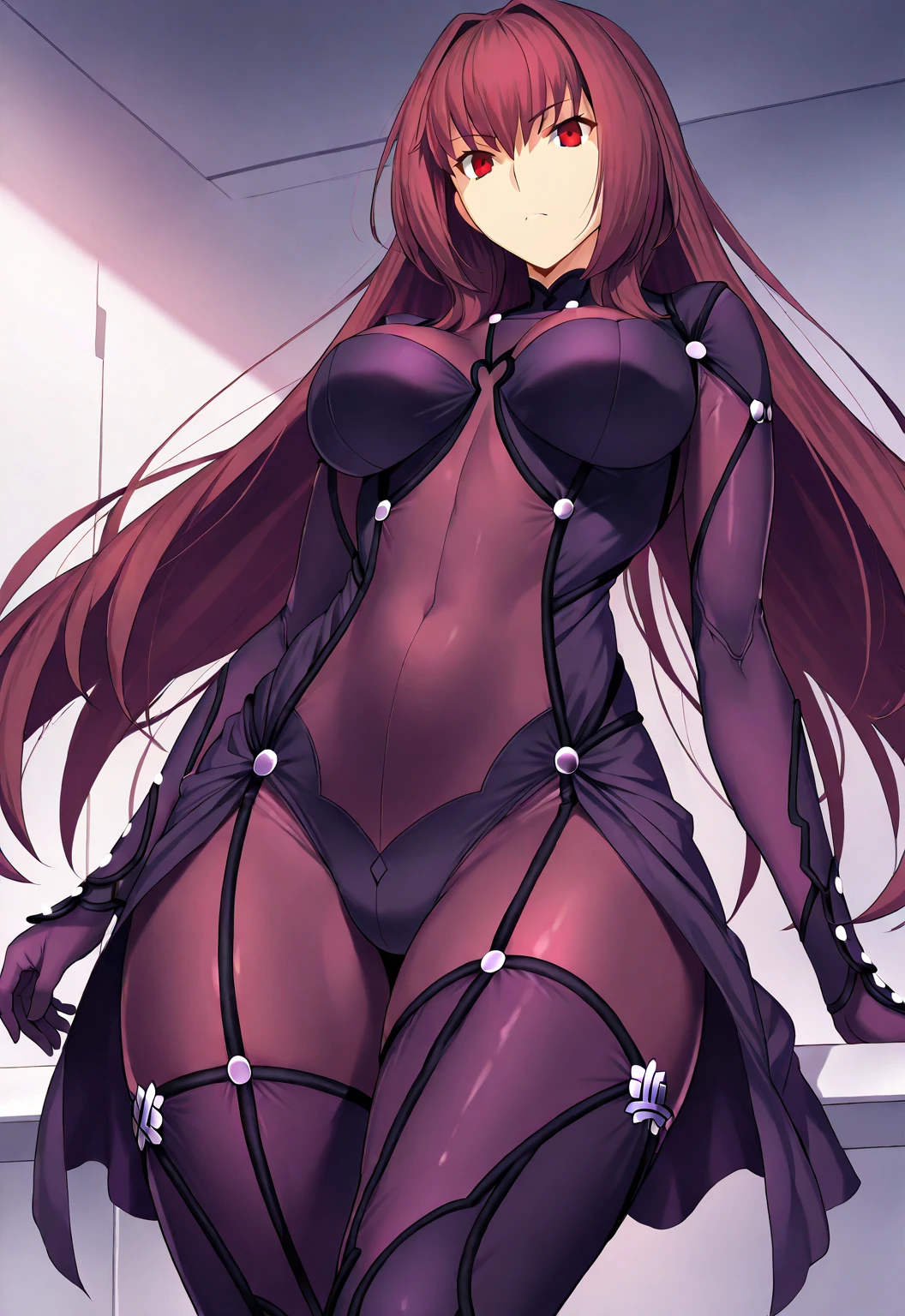 ((best quality)), ((estilo anime)), (circunstanciado), fate, scathach, 
fate scathach, roupa de colegial, cama, horny