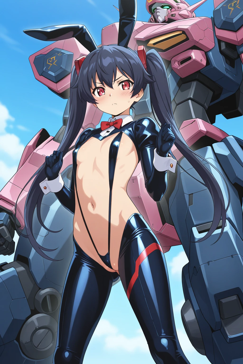 1futa, ai generated, big Testicle, big breasts, black hair, blue eyes, erection, futanari, gloves, horns, kill la kill, looking down, looking up, matoi ryuuko no bra, no panties, white hair, short hair, solo futa, thick thighs