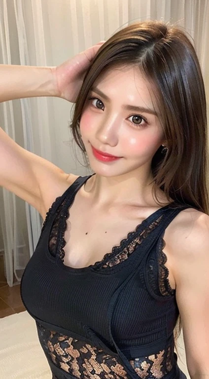 masterpiece, highest quality, High resolution,alone,Brown,artistic,Best lighting,casual,Flat Chest,Beautiful Face,expensive,smile,light makeup,Age 24,Calm woman,Detailed Hair,Laughing woman,Face Focus,Forehead,Woman wearing a tank top,jogging